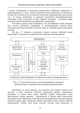 Особливості публічного управління : Навчальний посібник
________________________________________________________________________________
34
в основу дослідження за науковою спеціальністю «Публічне управління та
адміністрування», а саме: система публічної влади (організація та діяльність);
впливи цієї системи як на суспільство (механізми самоорганізації суспільства),
так і на власну організацію та діяльність (механізми самовпорядкування);
моніторинг стану суспільства та його окремих складових - суспільних сфер,
галузей, відносин (механізми спостереження, оцінювання).
Розглянута модель надає можливість далі поглиблювати наше уявлення
про систему публічного управління та адміністрування шляхом більш
детального розгляду виділених елементів знову ж з використанням відповідних
моделей.
На рис. 1.7 наведено узагальнену модель системи публічної влади
(організація та діяльність) у парламентсько-президентській республіці.
Відповідно до цього рисунку слід виділити такі основні елементи цієї
системи, а саме: президент (інститут президента країни); законодавча,
виконавча та судова гілки влади; публічна служба. Законодавча влада
представлена єдиним органом – парламентом, у віданні якого знаходиться
Рахункова палата. Виконавча гілка представлена розвиненою системою органів
публічної влади (уряд, центральні органи виконавчої влади, місцеві публічні
адміністрації). Судова гілка влади охоплює систему судів (загальних та
Законодавча
гілка влади
Виконавча
гілка влади
Судова
гілка влади
Парламент
Рахункова
палата
Система
судів
Публічна служба (державна та в органах місцевого самоврядування)
Система
органів
виконавчої
влади
Рис. 1.7. Узагальнена модель системи організації та діяльності
публічної влади у парламентсько-президентській республіці
Представницька
гілка
влади
УРЯД
ПРЕЗИДЕНТ
 