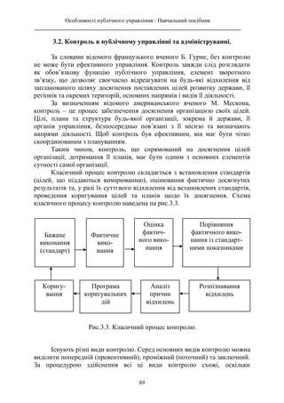 Особливості публічного управління : Навчальний посібник
________________________________________________________________________
89
3.2. Контроль в публічному управлінні та адмініструванні.
За словами відомого французького вченого Б. Гурне, без контролю
не може бути ефективного управління. Контроль завжди слід розглядати
як обов’язкову функцію публічного управління, елемент зворотного
зв’язку, що дозволяє своєчасно відреагувати на будь-які відхилення від
запланованого шляху досягнення поставлених цілей розвитку держави, її
регіонів та окремих територій, основних напрямів і видів її діяльності.
За визначенням відомого американського вченого М. Мескона,
контроль – це процес забезпечення досягнення організацією своїх цілей.
Цілі, плани та структура будь-якої організації, зокрема й держави, її
органів управління, безпосередньо пов’язані з її місією та визначають
напрями діяльності. Щоб контроль був ефективним, він має бути чітко
скоординованим з плануванням.
Таким чином, контроль, що спрямований на досягнення цілей
організації, дотримання її планів, має бути одним з основних елементів
сутності самої організації.
Класичний процес контролю складається з встановлення стандартів
(цілей, що піддаються вимірюванню), оцінювання фактично досягнутих
результатів та, у разі їх суттєвого відхилення від встановлених стандартів,
проведення коригування цілей та планів щодо їх досягнення. Схема
класичного процесу контролю наведена на рис.3.3.
Існують різні види контролю. Серед основних видів контролю можна
виділити попередній (превентивний), проміжний (поточний) та заключний.
За процедурою здійснення всі ці види контролю схожі, оскільки
Бажане
виконання
(стандарт)
Фактичне
вико-
нання
Оцінка
фактич-
ного вико-
нання
Порівняння
фактичного вико-
нання із стандарт-
ними показниками
Розпізнавання
відхилень
Аналіз
причин
відхилень
Програма
коригувальних
дій
Коригу-
вання
Рис.3.3. Класичний процес контролю.
 