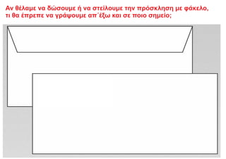 Αν θέλαμε να δώσουμε ή να στείλουμε την πρόσκληση με φάκελο,
τι θα έπρεπε να γράψουμε απ΄έξω και σε ποιο σημείο;
 