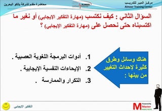 ‫اإليجابي‬ ‫التفكير‬
‫البحري‬ ‫بتلكو‬ ‫لشركة‬ ‫مقدم‬ ‫محاضرة‬
‫ن‬ ‫للتدريـــب‬ ‫الميـر‬ ‫مركــز‬
Almeer Training Center
.1
‫أدوات‬
‫العصبية‬ ‫اللغوية‬ ‫البرمجة‬
.
.2
‫النفسية‬ ‫اإليحاءات‬
‫اإليجابية‬
.
.3
‫التكرار‬
‫والممارسة‬
.
‫الثاني‬ ‫السؤال‬
:
‫نكتسب‬ ‫كيف‬
(
‫مهارة‬
‫اإليجابي‬ ‫التفكير‬
)
‫نغي‬ ‫أو‬
‫ما‬ ‫ر‬
‫على‬ ‫نحصل‬ ‫حتى‬ ‫اكتسبناه‬
(
‫مهارة‬
‫اإليجابي‬ ‫التفكير‬
)
‫؟‬
‫وطرق‬ ‫وسائل‬ ‫هناك‬
‫التغيي‬ ‫إلحداث‬ ‫كثيرة‬
‫ر‬
‫بينها‬ ‫من‬
:
 