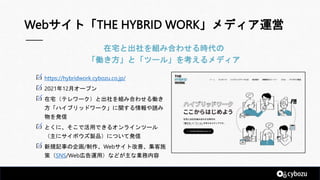 Webサイト「THE HYBRID WORK」メディア運営
https://hybridwork.cybozu.co.jp/
2021年12月オープン
在宅（テレワーク）と出社を組み合わせる働き
方「ハイブリッドワーク」に関する情報や読み
物を...