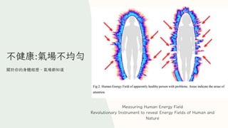不健康:氣場不均勻
關於你的身體經歷、氣場都知道
Measuring Human Energy Field
Revolutionary Instrument to reveal Energy Fields of Human and
Nature
 