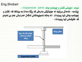 ‫دووةم‬
:
‫يةك‬ ‫ضوونةوة‬ ‫و‬ ‫كشان‬ ‫َينتى‬‫و‬‫ج‬
(
Expansion joint
: )
‫َناسة‬‫ي‬‫ث‬
:
‫كة‬ ‫بيناكة‬ ‫بة‬ ‫دةدات‬ ‫َطا‬‫ي‬ِ‫ر‬ ‫كة‬ ‫سةرةكى‬ ‫َكى‬‫ي‬‫َينت‬‫و‬‫ج‬ ‫لة‬ ‫بريتية‬ ‫ئةمةش‬
(
‫و‬ ‫كشان‬
‫ِووبدات‬‫ر‬ ‫تيا‬ ‫يةكى‬ ‫ضوونةوة‬
)
‫ئةوةى‬ َ‫ي‬‫ب‬ ‫جةو‬ ‫حةرارةتى‬ َ‫ل‬‫لةطة‬ ‫َييةكانى‬‫و‬‫ئاس‬ ‫بةشة‬ ‫لة‬
‫كة‬
(
‫ِووبدات‬‫ر‬ ‫تيا‬ ‫َيشانى‬‫ل‬‫ق‬
. )
‫َذ‬‫ي‬‫دري‬ ‫كة‬ ‫كشان‬ ‫َينتى‬‫و‬‫ج‬
‫بناغةى‬ َ‫و‬‫ب‬ ‫َتةوة‬‫ي‬‫ناب‬
‫بيناكة‬
‫بيناكة‬ ‫سةقفى‬
Expansion joint
Eng.Shobart
 