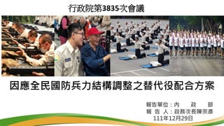 因應全民國防兵力結構調整之替代役配合方案
報告單位：內 政 部
報 告 人：政務次長陳宗彥
111年12月29日
行政院第3835次會議
 