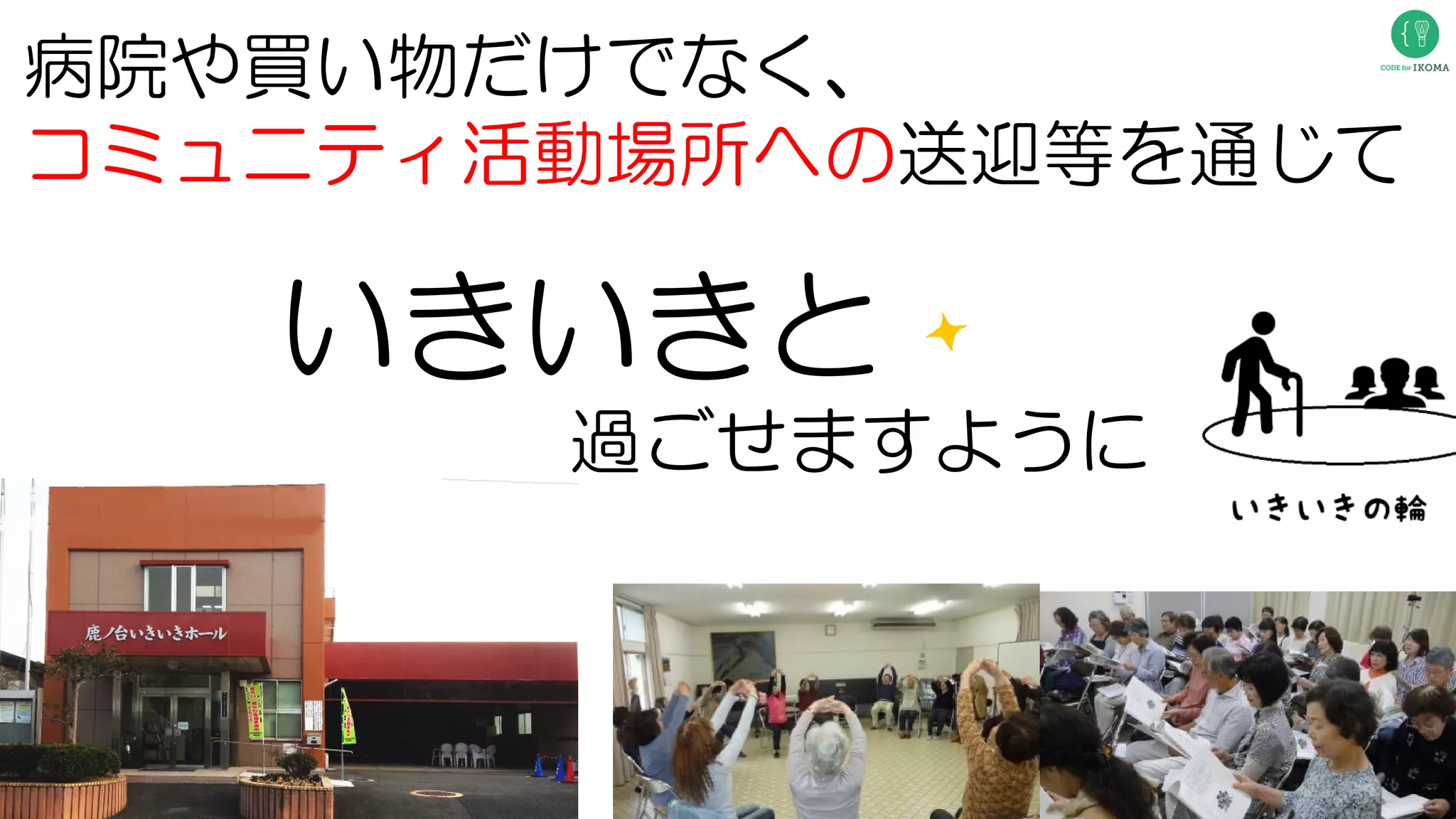いきいきと
過ごせますように
病院や買い物だけでなく、
コミュニティ活動場所への送迎等を通じて
 