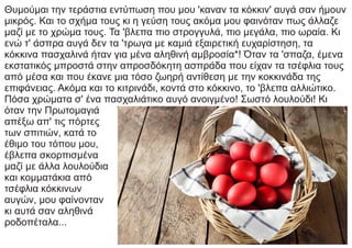 Θυμούμαι την τεράστια εντύπωση που μου 'καναν τα κόκκιν' αυγά σαν ήμουν
μικρός. Και το σχήμα τους κι η γεύση τους ακόμα μου φαινόταν πως άλλαζε
μαζί με το χρώμα τους. Τα 'βλεπα πιο στρογγυλά, πιο μεγάλα, πιο ωραία. Κι
ενώ τ' άσπρα αυγά δεν τα 'τρωγα με καμιά εξαιρετική ευχαρίστηση, τα
κόκκινα πασχαλινά ήταν για μένα αληθινή αμβροσία*! Όταν τα 'σπαζα, έμενα
εκστατικός μπροστά στην απροσδόκητη ασπράδα που είχαν τα τσέφλια τους
από μέσα και που έκανε μια τόσο ζωηρή αντίθεση με την κοκκινάδα της
επιφάνειας. Ακόμα και το κιτρινάδι, κοντά στο κόκκινο, το 'βλεπα αλλιώτικο.
Πόσα χρώματα σ' ένα πασχαλιάτικο αυγό ανοιγμένο! Σωστό λουλούδι! Κι
όταν την Πρωτομαγιά
απέξω απ' τις πόρτες
των σπιτιών, κατά το
έθιμο του τόπου μου,
έβλεπα σκορπισμένα
μαζί με άλλα λουλούδια
και κομματάκια από
τσέφλια κόκκινων
αυγών, μου φαίνονταν
κι αυτά σαν αληθινά
ροδοπέταλα...
 