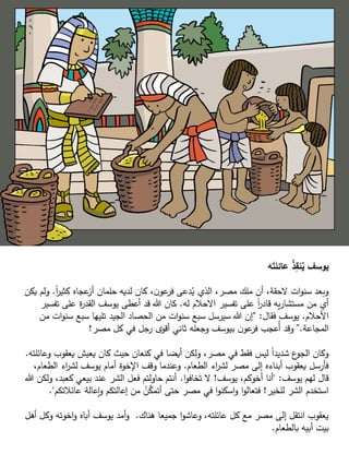 ‫ه‬َ
‫ت‬‫عائل‬ ُ
‫ذ‬ِ
‫نق‬ُ
‫ي‬ ‫يوسف‬
ً
‫ا‬
‫ر‬‫كثي‬ ‫عجاه‬
‫أز‬ ‫حلمان‬ ‫لديه‬ ‫كان‬ ،‫ن‬‫عو‬
‫فر‬ ‫دعى‬ُ
‫ي‬ ‫الذي‬ ،‫مصر‬ ‫ملك‬ ‫أن‬ ،‫الحقة‬ ‫ات‬‫و‬‫سن‬ ‫وبعد‬
.
‫ي‬ ‫ولم‬
‫كن‬
‫له‬ ‫االحالم‬ ‫تفسير‬ ‫على‬ ً
‫ا‬
‫ر‬‫قاد‬ ‫يه‬‫ر‬‫مستشا‬ ‫من‬ ‫أي‬
.
‫تفس‬ ‫على‬ ‫ة‬
‫ر‬‫القد‬ ‫يوسف‬ ‫أعطى‬ ‫قد‬ ‫هللا‬ ‫كان‬
‫ير‬
‫األحالم‬
.
‫فقال‬ ‫يوسف‬
:
“
‫من‬ ‫ات‬‫و‬‫سن‬ ‫سبع‬ ‫تليها‬ ‫الجيد‬ ‫الحصاد‬ ‫من‬ ‫ات‬‫و‬‫سن‬ ‫سبع‬ ‫سيرسل‬ ‫هللا‬ ‫إن‬
‫المجاعة‬
.
”
‫مصر‬ ‫كل‬ ‫في‬ ‫جل‬
‫ر‬ ‫أقوى‬ ‫ثاني‬ ‫وجعله‬ ‫بيوسف‬ ‫ن‬‫عو‬
‫فر‬ ‫ُعجب‬‫أ‬ ‫وقد‬
!
‫وعا‬ ‫يعقوب‬ ‫يعيش‬ ‫كان‬ ‫حيث‬ ‫كنعان‬ ‫في‬ ‫أيضا‬ ‫ولكن‬ ،‫مصر‬ ‫في‬ ‫فقط‬ ‫ليس‬ ً
‫ا‬‫شديد‬ ‫ع‬
‫الجو‬ ‫وكان‬
‫ئلته‬
.
‫الطعام‬ ‫اء‬
‫ر‬‫لش‬ ‫مصر‬ ‫إلى‬ ‫أبناءه‬ ‫يعقوب‬ ‫فأرسل‬
.
،‫الطعام‬ ‫اء‬
‫ر‬‫لش‬ ‫يوسف‬ ‫أمام‬ ‫اإلخوة‬ ‫وقف‬ ‫وعندما‬
‫يوسف‬ ‫لهم‬ ‫قال‬
" :
‫يوسف‬ ،‫أخوكم‬ ‫أنا‬
!
‫ا‬‫و‬‫تخاف‬ ‫ال‬
.
‫ولك‬ ،‫كعبد‬ ‫بيعي‬ ‫عند‬ ‫الشر‬ ‫فعل‬ ‫حاولتم‬ ‫أنتم‬
‫هللا‬ ‫ن‬
‫للخير‬ ‫الشر‬ ‫استخدم‬
!
‫عائالتكم‬ ‫إعالة‬‫و‬ ‫إعالتكم‬ ‫من‬ ُ
‫ن‬َّ
‫أتمك‬ ‫حتى‬ ‫مصر‬ ‫في‬ ‫ا‬‫و‬‫اسكن‬‫و‬ ‫ا‬‫و‬‫فتعال‬
."
‫هناك‬ ‫جميعا‬ ‫ا‬‫و‬‫وعاش‬ ،‫عائلته‬ ‫كل‬ ‫مع‬ ‫مصر‬ ‫إلى‬ ‫انتقل‬ ‫يعقوب‬
.
‫أه‬ ‫وكل‬ ‫اخوته‬‫و‬ ‫أباه‬ ‫يوسف‬ ‫أمد‬‫و‬
‫ل‬
‫بالطعام‬ ‫أبيه‬ ‫بيت‬
.
 