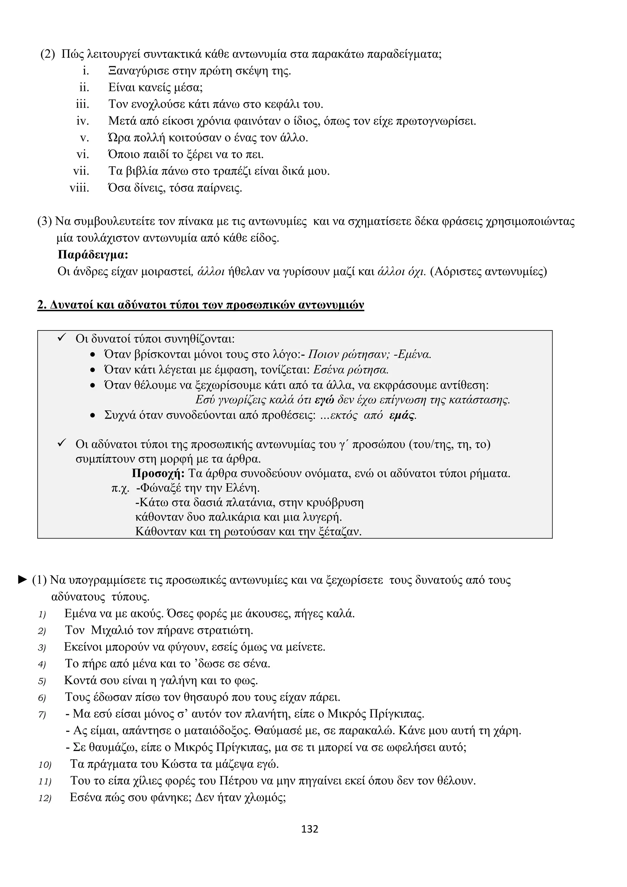 132
(2) Πώς λειτουργεί συντακτικά κάθε αντωνυμία στα παρακάτω παραδείγματα;
i. Ξαναγύρισε στην πρώτη σκέψη της.
ii. Είναι κανείς μέσα;
iii. Τον ενοχλούσε κάτι πάνω στο κεφάλι του.
iv. Μετά από είκοσι χρόνια φαινόταν ο ίδιος, όπως τον είχε πρωτογνωρίσει.
v. Ώρα πολλή κοιτούσαν ο ένας τον άλλο.
vi. Όποιο παιδί το ξέρει να το πει.
vii. Τα βιβλία πάνω στο τραπέζι είναι δικά μου.
viii. Όσα δίνεις, τόσα παίρνεις.
(3) Να συμβουλευτείτε τον πίνακα με τις αντωνυμίες και να σχηματίσετε δέκα φράσεις χρησιμοποιώντας
μία τουλάχιστον αντωνυμία από κάθε είδος.
Παράδειγμα:
Οι άνδρες είχαν μοιραστεί, άλλοι ήθελαν να γυρίσουν μαζί και άλλοι όχι. (Αόριστες αντωνυμίες)
2. Δυνατοί και αδύνατοι τύποι των προσωπικών αντωνυμιών
✓ Οι δυνατοί τύποι συνηθίζονται:
• Όταν βρίσκονται μόνοι τους στο λόγο:- Ποιον ρώτησαν; -Εμένα.
• Όταν κάτι λέγεται με έμφαση, τονίζεται: Εσένα ρώτησα.
• Όταν θέλουμε να ξεχωρίσουμε κάτι από τα άλλα, να εκφράσουμε αντίθεση:
Εσύ γνωρίζεις καλά ότι εγώ δεν έχω επίγνωση της κατάστασης.
• Συχνά όταν συνοδεύονται από προθέσεις: …εκτός από εμάς.
✓ Οι αδύνατοι τύποι της προσωπικής αντωνυμίας του γ΄ προσώπου (του/της, τη, το)
συμπίπτουν στη μορφή με τα άρθρα.
Προσοχή: Τα άρθρα συνοδεύουν ονόματα, ενώ οι αδύνατοι τύποι ρήματα.
π.χ. -Φώναξέ την την Ελένη.
-Κάτω στα δασιά πλατάνια, στην κρυόβρυση
κάθονταν δυο παλικάρια και μια λυγερή.
Κάθονταν και τη ρωτούσαν και την ξέταζαν.
► (1) Να υπογραμμίσετε τις προσωπικές αντωνυμίες και να ξεχωρίσετε τους δυνατούς από τους
αδύνατους τύπους.
1) Εμένα να με ακούς. Όσες φορές με άκουσες, πήγες καλά.
2) Τον Μιχαλιό τον πήρανε στρατιώτη.
3) Εκείνοι μπορούν να φύγουν, εσείς όμως να μείνετε.
4) Το πήρε από μένα και το ’δωσε σε σένα.
5) Κοντά σου είναι η γαλήνη και το φως.
6) Τους έδωσαν πίσω τον θησαυρό που τους είχαν πάρει.
7) - Μα εσύ είσαι μόνος σ’ αυτόν τον πλανήτη, είπε ο Μικρός Πρίγκιπας.
- Ας είμαι, απάντησε ο ματαιόδοξος. Θαύμασέ με, σε παρακαλώ. Κάνε μου αυτή τη χάρη.
- Σε θαυμάζω, είπε ο Μικρός Πρίγκιπας, μα σε τι μπορεί να σε ωφελήσει αυτό;
10) Τα πράγματα του Κώστα τα μάζεψα εγώ.
11) Του το είπα χίλιες φορές του Πέτρου να μην πηγαίνει εκεί όπου δεν τον θέλουν.
12) Εσένα πώς σου φάνηκε; Δεν ήταν χλωμός;
 