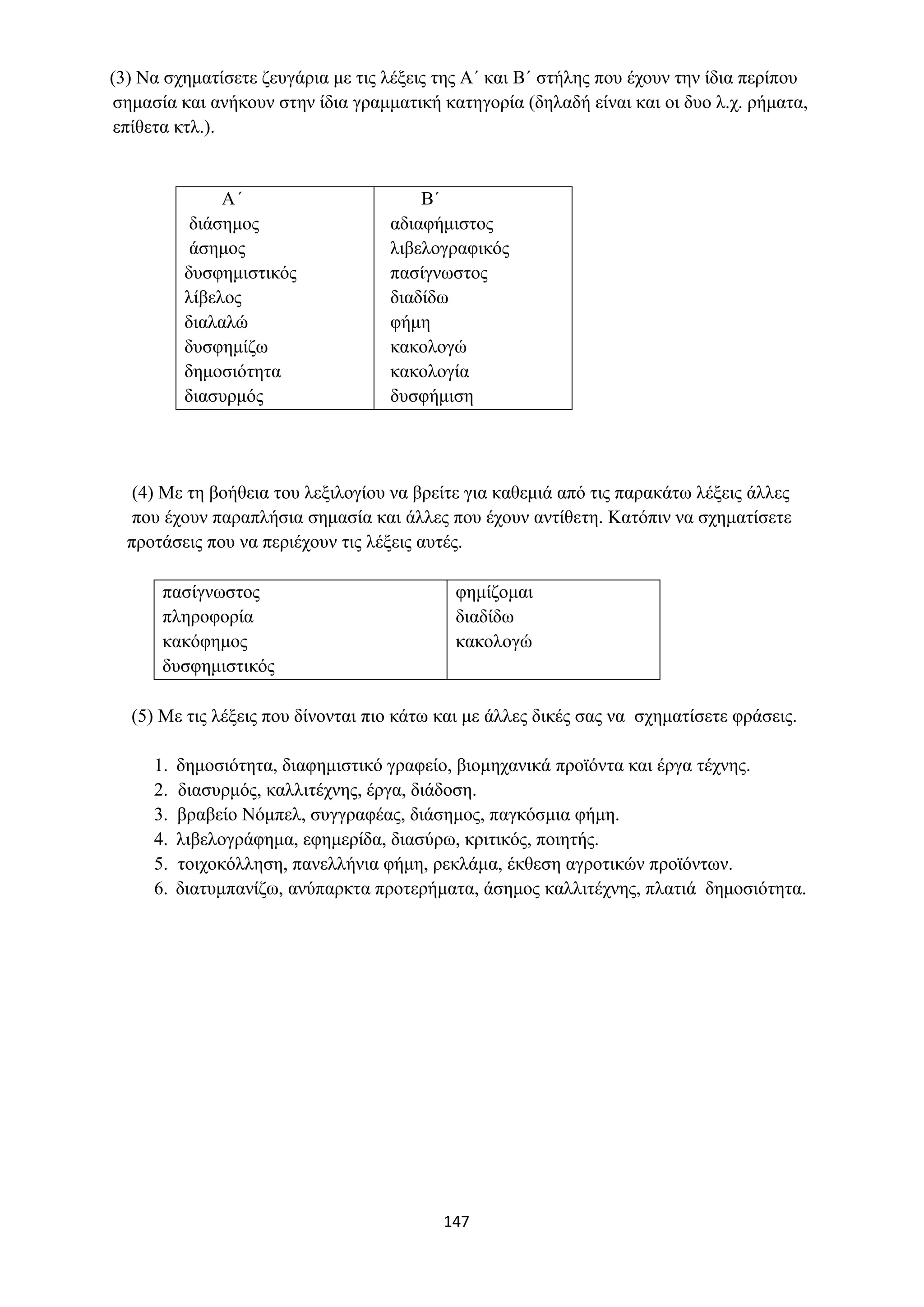 147
(3) Να σχηματίσετε ζευγάρια με τις λέξεις της Α΄ και Β΄ στήλης που έχουν την ίδια περίπου
σημασία και ανήκουν στην ίδια γραμματική κατηγορία (δηλαδή είναι και οι δυο λ.χ. ρήματα,
επίθετα κτλ.).
Α΄
διάσημος
άσημος
δυσφημιστικός
λίβελος
διαλαλώ
δυσφημίζω
δημοσιότητα
διασυρμός
Β΄
αδιαφήμιστος
λιβελογραφικός
πασίγνωστος
διαδίδω
φήμη
κακολογώ
κακολογία
δυσφήμιση
(4) Με τη βοήθεια του λεξιλογίου να βρείτε για καθεμιά από τις παρακάτω λέξεις άλλες
που έχουν παραπλήσια σημασία και άλλες που έχουν αντίθετη. Κατόπιν να σχηματίσετε
προτάσεις που να περιέχουν τις λέξεις αυτές.
πασίγνωστος
πληροφορία
κακόφημος
δυσφημιστικός
φημίζομαι
διαδίδω
κακολογώ
(5) Με τις λέξεις που δίνονται πιο κάτω και με άλλες δικές σας να σχηματίσετε φράσεις.
1. δημοσιότητα, διαφημιστικό γραφείο, βιομηχανικά προϊόντα και έργα τέχνης.
2. διασυρμός, καλλιτέχνης, έργα, διάδοση.
3. βραβείο Νόμπελ, συγγραφέας, διάσημος, παγκόσμια φήμη.
4. λιβελογράφημα, εφημερίδα, διασύρω, κριτικός, ποιητής.
5. τοιχοκόλληση, πανελλήνια φήμη, ρεκλάμα, έκθεση αγροτικών προϊόντων.
6. διατυμπανίζω, ανύπαρκτα προτερήματα, άσημος καλλιτέχνης, πλατιά δημοσιότητα.
 