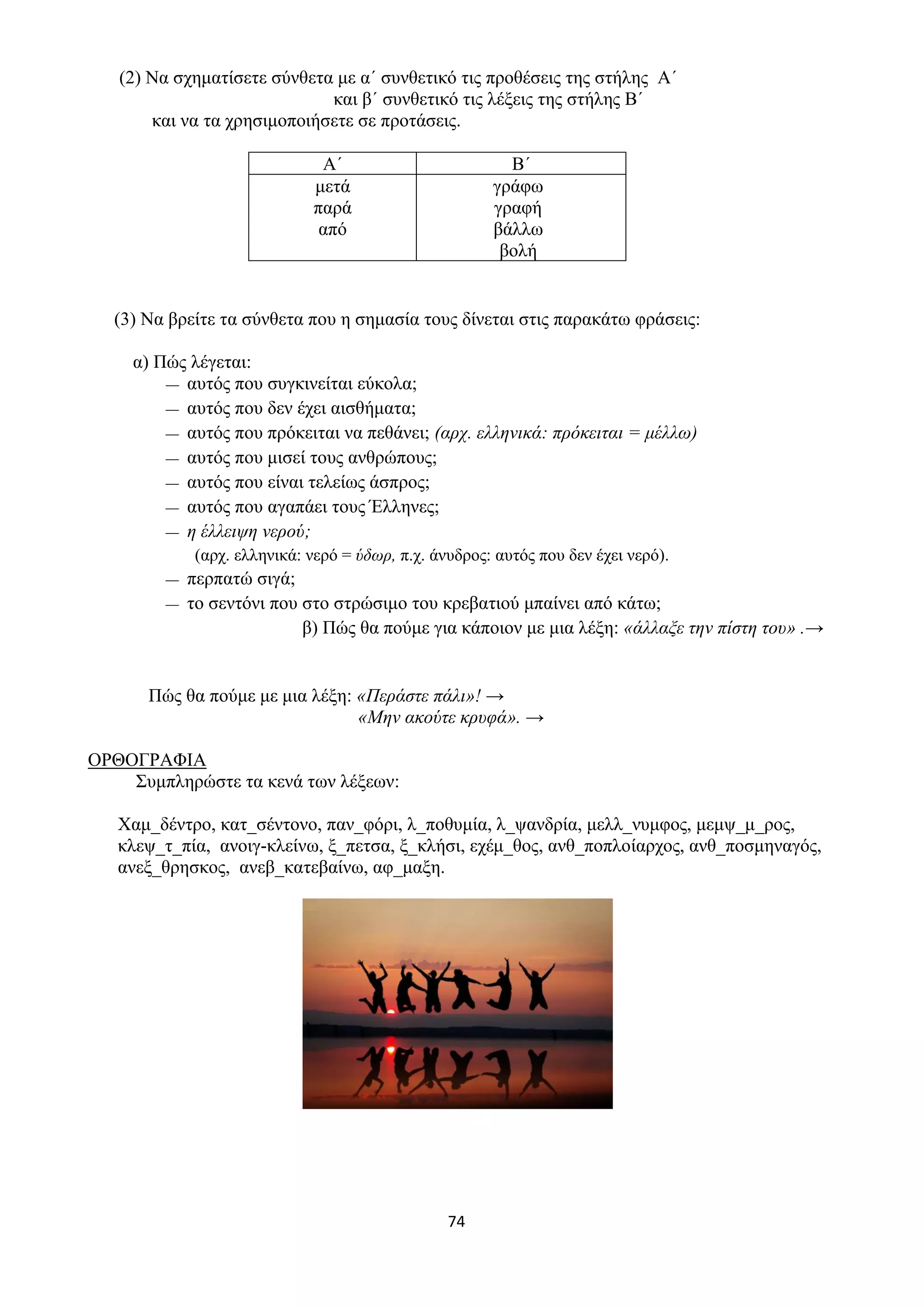 74
(2) Να σχηματίσετε σύνθετα με α΄ συνθετικό τις προθέσεις της στήλης Α΄
και β΄ συνθετικό τις λέξεις της στήλης Β΄
και να τα χρησιμοποιήσετε σε προτάσεις.
Α΄ Β΄
μετά
παρά
από
γράφω
γραφή
βάλλω
βολή
(3) Να βρείτε τα σύνθετα που η σημασία τους δίνεται στις παρακάτω φράσεις:
α) Πώς λέγεται:
— αυτός που συγκινείται εύκολα;
— αυτός που δεν έχει αισθήματα;
— αυτός που πρόκειται να πεθάνει; (αρχ. ελληνικά: πρόκειται = μέλλω)
— αυτός που μισεί τους ανθρώπους;
— αυτός που είναι τελείως άσπρος;
— αυτός που αγαπάει τους Έλληνες;
— η έλλειψη νερού;
(αρχ. ελληνικά: νερό = ύδωρ, π.χ. άνυδρος: αυτός που δεν έχει νερό).
— περπατώ σιγά;
— το σεντόνι που στο στρώσιμο του κρεβατιού μπαίνει από κάτω;
β) Πώς θα πούμε για κάποιον με μια λέξη: «άλλαξε την πίστη του» .→
Πώς θα πούμε με μια λέξη: «Περάστε πάλι»! →
«Μην ακούτε κρυφά». →
ΟΡΘΟΓΡΑΦΙΑ
Συμπληρώστε τα κενά των λέξεων:
Χαμ_δέντρο, κατ_σέντονο, παν_φόρι, λ_ποθυμία, λ_ψανδρία, μελλ_νυμφος, μεμψ_μ_ρος,
κλεψ_τ_πία, ανοιγ-κλείνω, ξ_πετσα, ξ_κλήσι, εχέμ_θος, ανθ_ποπλοίαρχος, ανθ_ποσμηναγός,
ανεξ_θρησκος, ανεβ_κατεβαίνω, αφ_μαξη.
 
