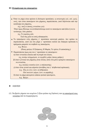 9
Β3. Η παράλειψη του υποκειμένου
■ Όταν το ρήμα είναι πρώτου ή δεύτερου προσώπου, η αντωνυμία εγώ, εσύ, εμείς,
εσείς, που είναι υποκείμενο του ρήματος, παραλείπεται, γιατί δηλώνεται από την
κατάληξη του ρήματος,
π.χ.: παίζ-ω (ποιος; εννοείται εγώ).
Όταν όμως θέλουμε να αντιδιαστείλουμε αυτό το υποκείμενο από άλλο ή να το
τονίσουμε, τότε μπαίνει.
π.χ. Τι γυρεύεις εσύ;
Εγώ σας μιλώ κι εσείς αδιαφορείτε.
■ Το υποκείμενο ενός ρήματος γ΄ προσώπου κανονικά μπαίνει. Δεν πρέπει να
παραλείπεται, γιατί για ένα ρήμα γ΄ προσώπου πολλά και διάφορα πρόσωπα ή
πράγματα μπορούν να νοηθούν ως υποκείμενα,
π.χ. Φεύγει.
(Ποιος φεύγει; Ο Στέφανος; Η Μαρία; Το τρένο; Ο επισκέπτης;)
▪ Παραλείπεται όμως και του γ΄ προσώπου το υποκείμενο:
α) όταν εννοείται εύκολα από τη σειρά του λόγου,
π.χ. ποτάμι επλημμύρισε, σε περιβόλι μπήκε (ποιος μπήκε;)
β) όταν η έννοια του ρήματος είναι τέτοια, ώστε ένα μόνο ορισμένο υποκείμενο
να εννοείται,
π.χ. σαλπίζει συσσίτιο (ενν. ο σαλπιγκτής).
γ) όταν είναι γενικό και αόριστο (συνήθως στο γ΄ πληθυντικό πρόσωπο),
π.χ. Πώς σε λένε; (ενν. οι άνθρωποι).
Πού πουλούν ψάρια; (ενν. οι ψαράδες),
δ) όταν το ρήμα φανερώνει κάποιο φυσικό φαινόμενο,
π.χ. Βρέχει.
► ΑΣΚΗΣH
(1) Να βρείτε ρήματα του κειμένου 2 (Στα ερείπια της Εφέσου), που το υποκείμενό τους
εννοείται από τα συμφραζόμενα.
 