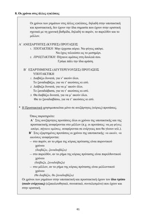 41
8. Οι χρόνοι στις άλλες εγκλίσεις
Οι χρόνοι των ρημάτων στις άλλες εγκλίσεις, δηλαδή στην υποτακτική
και προστακτική, δεν έχουν την ίδια σημασία που έχουν στην οριστική
σχετικά με τη χρονική βαθμίδα, δηλαδή το παρόν, το παρελθόν και το
μέλλον.
Α΄ ΑΝΕΞΑΡΤΗΤΕΣ (ΚΥΡΙΕΣ) ΠΡΟΤΑΣΕΙΣ
1. ΥΠΟΤΑΚΤΙΚΗ: Μην έρχεσαι αύριο. Να φύγεις απόψε.
Να έχεις τελειώσει ως το μεσημέρι.
2. ΠΡΟΣΤΑΚΤΙΚΗ: Πήγαινε αμέσως στη δουλειά σου.
Γράψε πάλι την ίδια φράση.
Β΄ ΕΞΑΡΤΗΜΕΝΕΣ (ΔΕΥΤΕΡΕΥΟΥΣΕΣ) ΠΡΟΤΑΣΕΙΣ
ΥΠΟΤΑΚΤΙΚΗ
1. Διαβάζω δυνατά, για ν’ ακούν όλοι.
Το ξαναδιαβάζω, για να τ’ ακούσεις κι εσύ.
2. Διάβαζα δυνατά, για να μ’ ακούν όλοι.
Το ξαναδιάβασα, για να τ’ ακούσεις κι εσύ.
3. Θα διαβάζω δυνατά, για να μ’ ακούν όλοι.
Θα το ξαναδιαβάσω, για να τ’ ακούσεις κι εσύ.
* Η Προστακτική χρησιμοποιείται μόνο σε ανεξάρτητες (κύριες) προτάσεις.
Όπως παρατηρείτε:
Α΄ Στις ανεξάρτητες προτάσεις όλοι οι χρόνοι της υποτακτικής και της
προστακτικής αναφέρονται στο μέλλον (π.χ. οι προτάσεις: να μη φύγεις
απόψε, πήγαινε αμέσως, αναφέρονται σε ενέργειες που θα γίνουν κτλ.).
Β΄ Στις εξαρτημένες προτάσεις οι χρόνοι της υποτακτικής: να ακούν, να
ακούσεις αναφέρονται:
— στο παρόν, αν το ρήμα της κύριας πρότασης είναι παροντικού
χρόνου
(διαβάζω, ξαναδιαβάζω)
— στο παρελθόν, αν το ρήμα της κύριας πρότασης είναι παρελθοντικού
χρόνου
(διάβαζα, ξαναδιάβαζα)
— στο μέλλον, αν το ρήμα της κύριας πρότασης είναι μελλοντικού
χρόνου
(θα διαβάζω, θα ξαναδιαβάζω)
Οι χρόνοι των ρημάτων στην υποτακτική και προστακτική έχουν τον ίδιο τρόπο
(ποιόν ενέργειας) (εξακολουθητικό, συνοπτικό, συντελεσμένο) που έχουν και
στην οριστική.
 