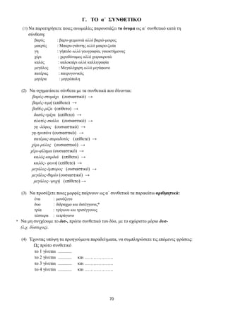 70
Γ. ΤΟ α΄ ΣΥΝΘΕΤΙΚΟ
(1) Να παρατηρήσετε ποιες ανωμαλίες παρουσιάζει το όνομα ως α΄ συνθετικό κατά τη
σύνθεση:
βαρύς : βαρυ-χειμωνιά αλλά βαριό-μοιρος
μακρύς : Μακρυ-γιάννης αλλά μακρο-ζωία
γη : γήπεδο αλλά γεωγραφία, γαιοκτήμονας
χέρι : χεροδύναμος αλλά χειροκροτώ
καλός : καλοκαίρι αλλά καλλιγραφία
μεγάλος : Μεγαλόχαρη αλλά μεγάφωνο
πατέρας : πατρογονικός
μητέρα : μητρόπολη
(2) Να σχηματίσετε σύνθετα με τα συνθετικά που δίνονται:
βαρύς-στομάχι (ουσιαστικό) →
βαρύς-τιμή (επίθετο) →
βαθύς-ρίζα (επίθετο) →
δασύς-τρίχα (επίθετο) →
πλατύς-σκάλα (ουσιαστικό) →
γη -λόφος (ουσιαστικό) →
γη-τρυπάνι (ουσιαστικό) →
πατέρας-παραδοτός (επίθετο) →
χέρι-μύλος (ουσιαστικό) →
χέρι-φίλημα (ουσιαστικό) →
καλός-καρδιά (επίθετο) →
καλός- φωνή (επίθετο) →
μεγάλος-έμπορος (ουσιαστικό) →
μεγάλος-θηρίο (ουσιαστικό) →
μεγάλος-·ψυχή (επίθετο) →
(3) Να προσέξετε ποιες μορφές παίρνουν ως α΄ συνθετικά τα παρακάτω αριθμητικά:
ένα : μονόζυγο
δυο : δίδραχμο και δισέγγονος*
τρία : τρίγωνο και τρισέγγονος
τέσσερα : τετράγωνο
* Να μη συγχέουμε το δισ-, πρώτο συνθετικό του δύο, με το αχώριστο μόριο δυσ-
(λ.χ. δύστυχος).
(4) Έχοντας υπόψη τα προηγούμενα παραδείγματα, να συμπληρώσετε τις επόμενες φράσεις:
Ως πρώτο συνθετικό
το 1 γίνεται ............
το 2 γίνεται ............ και ……………….
το 3 γίνεται ............ και ……………….
το 4 γίνεται ............ και ……………….
 
