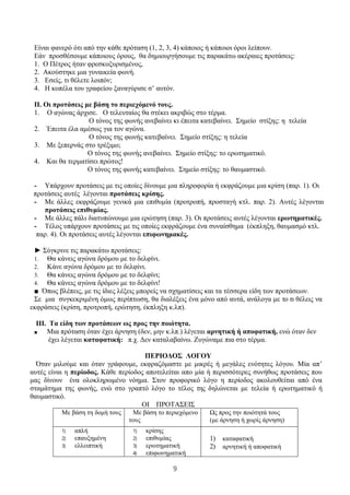 9
Είναι φανερό ότι από την κάθε πρόταση (1, 2, 3, 4) κάποιος ή κάποιοι όροι λείπουν.
Εάν προσθέσουμε κάποιους όρους, θα δημιουργήσουμε τις παρακάτω ακέραιες προτάσεις:
1. Ο Πέτρος ήταν φρεσκοξυρισμένος,
2. Ακούστηκε μια γυναικεία φωνή.
3. Εσείς, τι θέλετε λοιπόν;
4. Η κοπέλα του γραφείου ξαναγύρισε σ’ αυτόν.
1)
ΙΙ. Οι προτάσεις με βάση το περιεχόμενό τους.
1. Ο αγώνας άρχισε. Ο τελευταίος θα στέκει ακριβώς στο τέρμα.
Ο τόνος της φωνής ανεβαίνει κι έπειτα κατεβαίνει. Σημείο στίξης: η τελεία
2. Έπειτα έλα αμέσως για τον αγώνα.
Ο τόνος της φωνής κατεβαίνει. Σημείο στίξης: η τελεία
3. Με ξεπερνάς στο τρέξιμο;
Ο τόνος της φωνής ανεβαίνει. Σημείο στίξης: το ερωτηματικό.
4. Και θα τερματίσει πρώτος!
Ο τόνος της φωνής κατεβαίνει. Σημείο στίξης: το θαυμαστικό.
- Υπάρχουν προτάσεις με τις οποίες δίνουμε μια πληροφορία ή εκφράζουμε μια κρίση (παρ. 1). Οι
προτάσεις αυτές λέγονται προτάσεις κρίσης.
- Με άλλες εκφράζουμε γενικά μια επιθυμία (προτροπή, προσταγή κτλ. παρ. 2). Αυτές λέγονται
προτάσεις επιθυμίας.
- Με άλλες πάλι διατυπώνουμε μια ερώτηση (παρ. 3). Οι προτάσεις αυτές λέγονται ερωτηματικές.
- Τέλος υπάρχουν προτάσεις με τις οποίες εκφράζουμε ένα συναίσθημα (έκπληξη, θαυμασμό κτλ.
παρ. 4). Οι προτάσεις αυτές λέγονται επιφωνημακές.
► Σύγκρινε τις παρακάτω προτάσεις:
1. Θα κάνεις αγώνα δρόμου με το δελφίνι.
2. Κάνε αγώνα δρόμου με το δελφίνι.
3. Θα κάνεις αγώνα δρόμου με το δελφίνι;
4. Θα κάνεις αγώνα δρόμου με το δελφίνι!
■ Όπως βλέπεις, με τις ίδιες λέξεις μπορείς να σχηματίσεις και τα τέσσερα είδη των προτάσεων.
Σε μια συγκεκριμένη όμως περίπτωση, θα διαλέξεις ένα μόνο από αυτά, ανάλογα με το τι θέλεις να
εκφράσεις (κρίση, προτροπή, ερώτηση, έκπληξη κ.λπ).
ΙΙΙ. Τα είδη των προτάσεων ως προς την ποιότητα.
■ Μια πρόταση όταν έχει άρνηση (δεν, μην κ.λπ.) λέγεται αρνητική ή αποφατική, ενώ όταν δεν
έχει λέγεται καταφατική: π.χ. Δεν καταλαβαίνω. Ζυγώναμε πια στο τέρμα.
ΠΕΡΙΟΔΟΣ ΛΟΓΟΥ
Όταν μιλούμε και όταν γράφουμε, εκφραζόμαστε με μικρές ή μεγάλες ενότητες λόγου. Μία απ’
αυτές είναι η περίοδος. Κάθε περίοδος αποτελείται απο μία ή περισσότερες συνήθως προτάσεις που
μας δίνουν ένα ολοκληρωμένο νόημα. Στον προφορικό λόγο η περίοδος ακολουθείται από ένα
σταμάτημα της φωνής, ενώ στο γραπτό λόγο το τέλος της δηλώνεται με τελεία ή ερωτηματικό ή
θαυμαστικό.
ΟΙ ΠΡΟΤΑΣΕΙΣ
Με βάση τη δομή τους Με βάση το περιεχόμενο
τους
Ως προς την ποιότητά τους
(με άρνηση ή χωρίς άρνηση)
1) απλή
2) επαυξημένη
3) ελλειπτική
1) κρίσης
2) επιθυμίας
3) ερωτηματική
4) επιφωνηματική
1) καταφατική
2) αρνητική ή αποφατική
 