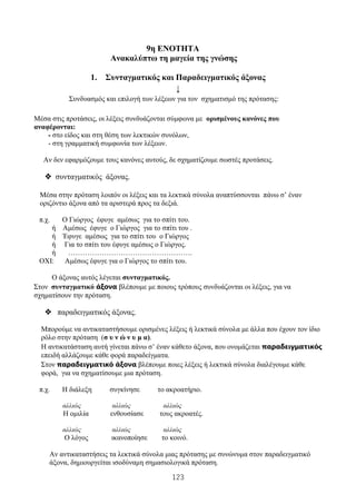 123
9η ENOTHTA
Ανακαλύπτω τη μαγεία της γνώσης
1. Συνταγματικός και Παραδειγματικός άξονας
↓
Συνδυασμός και επιλογή των λέξεων για τον σχηματισμό της πρότασης:
Μέσα στις προτάσεις, οι λέξεις συνδυάζονται σύμφωνα με ορισμένους κανόνες που
αναφέρονται:
- στο είδος και στη θέση των λεκτικών συνόλων,
- στη γραμματική συμφωνία των λέξεων.
Αν δεν εφαρμόζουμε τους κανόνες αυτούς, δε σχηματίζουμε σωστές προτάσεις.
❖ συνταγματικός άξονας.
Μέσα στην πρόταση λοιπόν οι λέξεις και τα λεκτικά σύνολα αναπτύσσονται πάνω σ’ έναν
οριζόντιο άξονα από τα αριστερά προς τα δεξιά.
π.χ. Ο Γιώργος έφυγε αμέσως για το σπίτι του.
ή Αμέσως έφυγε ο Γιώργος για το σπίτι του .
ή Έφυγε αμέσως για το σπίτι του ο Γιώργος
ή Για το σπίτι του έφυγε αμέσως ο Γιώργος.
ή …………………………………………….
ΟΧΙ: Αμέσως έφυγε για ο Γιώργος το σπίτι του.
Ο άξονας αυτός λέγεται συνταγματικός.
Στον συνταγματικό άξονα βλέπουμε με ποιους τρόπους συνδυάζονται οι λέξεις, για να
σχηματίσουν την πρόταση.
❖ παραδειγματικός άξονας.
Μπορούμε να αντικαταστήσουμε ορισμένες λέξεις ή λεκτικά σύνολα με άλλα που έχουν τον ίδιο
ρόλο στην πρόταση (σ υ ν ώ ν υ μ α).
Η αντικατάσταση αυτή γίνεται πάνω σ’ έναν κάθετο άξονα, που ονομάζεται παραδειγματικός
επειδή αλλάζουμε κάθε φορά παραδείγματα.
Στον παραδειγματικό άξονα βλέπουμε ποιες λέξεις ή λεκτικά σύνολα διαλέγουμε κάθε
φορά, για να σχηματίσουμε μια πρόταση.
π.χ. Η διάλεξη συγκίνησε το ακροατήριο.
αλλιώς αλλιώς αλλιώς
Η ομιλία ενθουσίασε τους ακροατές.
αλλιώς αλλιώς αλλιώς
Ο λόγος ικανοποίησε το κοινό.
Αν αντικαταστήσεις τα λεκτικά σύνολα μιας πρότασης με συνώνυμα στον παραδειγματικό
άξονα, δημιουργείται ισοδύναμη σημασιολογικά πρόταση.
 