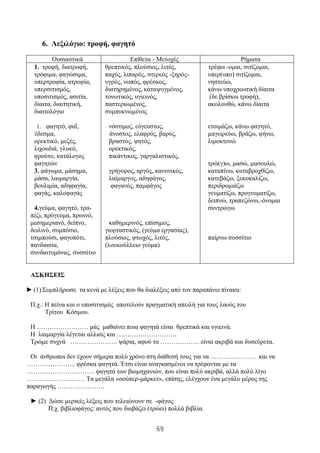 69
6. Λεξιλόγιο: τροφή, φαγητό
Ουσιαστικά Επίθετα - Μετοχές Ρήματα
1. τροφή, διατροφή,
τρόφιμα, φαγώσιμα,
υπερτροφία, ατροφία,
υπερσιτισμός,
υποσιτισμός, ασιτία,
δίαιτα, διαιτητική,
διαιτολόγιο
1. φαγητό, φαΐ,
έδεσμα,
ορεκτικό, μεζές,
λιχουδιά, γλυκό,
φρούτο, κατάλογος
φαγητών
3. φάγωμα, μάσημα,
μάσα, λαιμαργία,
βουλιμία, αδηφαγία,
φαγάς, καλοφαγάς
4.γεύμα, φαγητό, τρα-
πέζι, πρόγευμα, πρωινό,
μεσημεριανό, δείπνο,
δειλινό, συμπόσιο,
τσιμπούσι, φαγοπότι,
πανδαισία,
συνδαιτυμόνας, συσσίτιο
θρεπτικός, πλούσιος, λιτός,
παχύς, λιπαρός, στερεός -ξηρός-
υγρός, νωπός, φρέσκος,
διατηρημένος, καταψυγμένος,
τονωτικός, υγιεινός,
παστεριωμένος,
συμπυκνωμένος
νόστιμος, εύγευστος,
άνοστος, ελαφρός, βαρύς,
βραστός, ψητός,
ορεκτικός,
πικάντικος, γαργαλιστικός,
γρήγορος, αργός, κανονικός,
λαίμαργος, αδηφάγος,
φαγανός, παμφάγος
καθημερινός, επίσημος,
γιορταστικός, (γεύμα εργασίας),
πλούσιος, φτωχός, λιτός,
(λουκούλλειο γεύμα)
τρέφω -ομαι, σιτίζομαι,
υπερ(υπο) σιτίζομαι,
νηστεύω,
κάνω υποχρεωτική δίαιτα
(δε βρίσκω τροφή),
ακολουθώ, κάνω δίαιτα
ετοιμάζω, κάνω φαγητό,
μαγειρεύω, βράζω, ψήνω,
λιμοκτονώ
τρώ(γ)ω, μασώ, μασουλώ,
καταπίνω, καταβροχθίζω,
κατεβάζω, ξεκοκαλίζω,
περιδρομιάζω
γευματίζω, προγευματίζω,
δειπνώ, τραπεζώνω,-όνομαι
συντρώγω
παίρνω συσσίτιο
ΑΣΚΗΣΕΙΣ
► (1) Συμπλήρωσε τα κενά με λέξεις που θα διαλέξεις από τον παραπάνω πίνακα:
Π.χ.: Η πείνα και ο υποσιτισμός αποτελούν πραγματική απειλή για τους λαούς του
Τρίτου Κόσμου.
Η …………………… μάς μαθαίνει ποια φαγητά είναι θρεπτικά και υγιεινά.
Η λαιμαργία λέγεται αλλιώς και ……………………….
Τρώμε συχνά …………………. ψάρια, αφού τα ……………… είναι ακριβά και δυσεύρετα.
Οι άνθρωποι δεν έχουν σήμερα πολύ χρόνο στη διάθεσή τους για να ………………… και να
………………….. φρέσκα φαγητά. Έτσι είναι αναγκασμένοι να τρέφονται με τα
………………………….. φαγητά των βιομηχανιών, που είναι πολύ ακριβά, αλλά πολύ λίγο
……………………… Τα μεγάλα «σούπερ-μάρκετ», επίσης, ελέγχουν ένα μεγάλο μέρος της
παραγωγής ………………….
► (2) Δώσε μερικές λέξεις που τελειώνουν σε -φάγος.
Π.χ. βιβλιοφάγος: αυτός που διαβάζει (τρώει) πολλά βιβλία.
 