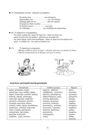 71
► (5) Συμπλήρωσε τα κενά. Εξήγησε τις σημασίες:
Η μελέτη είναι ……………….. του πνεύματος.
Οργανώθηκε ένα ………………….. για την ποίηση.
Η βροχή ήρθε σαν το ……………. από τον ουρανό.
Η τροφή των θεών λεγόταν ……………..
Ο Χριστός είναι ο …………….. της ζωής.
Οι άνθρωποι ……………….. για ελευθερία και δικαιοσύνη.
► (6) Τι σημαίνουν οι περιφράσεις;
Τον τρώει η ράχη του, τρώει τα νύχια του, τρώει τα λόγια του,
μασά τα λόγια του (τα μασάει), τρώγεται με τα ρούχα του,
δεν τρώει άχερα, τρώει έναν περίδρομο, έφαγε το ψωμί του (τα ψωμιά του),
τρώει το κεφάλι του, τον τρώει η γλώσσα του.
► (7) Τι σημαίνουν οι παροιμίες:
«Φάγαμε το βόδι κι έμεινε η ουρά» - «Η μάνα τρώει και του παιδιού δε δίνει»
-« Όποιος ανακατεύεται με τα πίτουρα, τον τρων οι κότες».
Λεξιλόγιο: μαγειρικά σκεύη-μαγείρεμα
Ουσιαστικά Επίθετα-μετοχές Ρήματα
χύτρα, κατσαρόλα, τηγάνι,
φρυγανιέρα, ταψί, σούβλα, σχάρα,
μπρίκι, σουρωτήρι, τρυπητό, τρίφτης,
πλάστης, ψήσιμο, φούρνισμα,
τηγάνισμα, άχνισμα, σερβίτσιο,
μαγειρείο, εστιατόριο, πιατέλα,
σουπιέρα, φρουτιέρα, δίσκος,
κύπελλο, φιάλη, όρεξη, αλατοπίπερο,
καρύκευμα, τσαγιέρα, καφετιέρα,
λίστα, εντράδα, χορτοφαγία,
γαστρονομία, γαρνιτούρα,
μαρινάτα, πουλερικά,
γιουβέτσι, μεζές, ποικιλία.
ψημένος, βραστός,
νερόβραστος, τηγανητός,
αχνιστός, ξεροψημένος,
καβουρντισμένος, ωμός,
άνοστος, βραστερός,
νόστιμος, ορεκτικός,
γευστικός, ανάλατος,
αλατισμένος, ανούσιος,
κοκκινιστό, λεμονάτο,
καπνιστό, πικάντικος,
τραγανιστός,
ροδοψημένος,
ψητός.
ψήνω,
φουρνίζω,
ξεροψήνω,
μαγειρεύω,
αλατίζω,
γαρνίρω,
σερβίρω,
αλευρώνω,
σουβλίζω,
ροδίζω,
περιχύνω, ,
ζυμώνω,
πλάθω,
τηγανίζω.
 