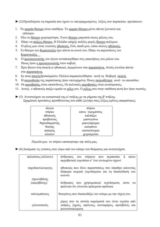 81
► (2) Προσδιόρισε τη σημασία που έχουν οι υπογραμμισμένες λέξεις των παρακάτω προτάσεων.
1. Τα αρχαία θέατρα είναι υπαίθρια. Το αρχαίο θέατρο μένει πάντα ζωντανό και
επίκαιρο.
2. Όλο το θέατρο χειροκρότησε. Έγινε θέατρο μπροστά στους φίλους του.
3. Πάψε να παίζεις θέατρο. Η Ελλάδα υπήρξε πολλές φορές θέατρο πολέμων.
4. Ο φίλος μου είναι γνωστός ηθοποιός. Εσύ, παιδί μου, είσαι σκέτος ηθοποιός.
5. Το θέατρο του Καραγκιόζη έχει πάντα το κοινό του. Πάψε να παριστάνεις τον
Καραγκιόζη.
6. Ο πρωταγωνιστής του έργου ανταποκρίθηκε στις απαιτήσεις του ρόλου του.
Ποιος ήταν ο πρωταγωνιστής στον καβγά;
7. Πριν βγουν στη σκηνή οι ηθοποιοί, περιμένουν στα παρασκήνια. Αυτός κινείται πάντα
στα παρασκήνια.
8. Σε ποια σκηνή βρισκόμαστε; Πολλοί παρακολούθησαν αυτή τη θλιβερή σκηνή.
9. Η σκηνοθεσία της παράστασης ήταν επιτυχημένη. Ποιος σκηνοθέτησε αυτό το επεισόδιο;
10. Οι ακροβασίες είναι επικίνδυνες. Οι πολιτικές ακροβασίες είναι ανεπίτρεπτες.
11. Αυτός ο ηθοποιός παίζει ωραία το ρόλο του. Ο ρόλος σου στην υπόθεση αυτή δεν ήταν σωστός.
► (3) Αντιστοίχισε τα ουσιαστικά της α' στήλης με τα ρήματα της β' στήλης.
Σχημάτισε προτάσεις προσθέτοντας στο κάθε ζευγάρι όσες λέξεις κρίνεις απαραίτητες:
άλογα
τσίρκο
ηθοποιός
προβολέας
θηριοδαμαστής
θεατής
φακίρης
κλόουν
πέφτω
κάνω γκριμάτσες
καλπάζω
μαστιγώνω
μακιγιάρομαι
καταπίνω
επισκέπτομαι
χειροκροτώ
Παράδειγμα: το τσίρκο επισκέφτηκε την πόλη μας.
► (4) Δοκίμασε τις γνώσεις σου γύρω από τον κόσμο του θεάματος και αντιστοίχισε.
παλιάτσος (κλόουν)
ταχυδακτυλουργός
σχοινοβάτης
(ακροβάτης)
σαλτιμπάγκος
γελωτοποιός
άνθρωπος του τσίρκου που περπατάει ή κάνει
ακροβατικά γυμνάσια σ’ ένα τεντωμένο σχοινί
ηθοποιός που δίνει παραστάσεις στο ύπαιθρο κάνοντας
διάφορα κωμικά γυμνάσματα για τη διασκέδαση του
κοινού.
άνθρωπος που χρησιμοποιεί τεχνάσματα, ώστε να
φαίνεται ότι γίνονται πράγματα αφύσικα
θεατρίνος που διασκεδάζει τον κόσμο με την τέχνη του.
μίμος που τα αστεία καμώματά του είναι γεμάτα από
γκάφες, ζημιές, αφέλειες, κουταμάρες, προσβολές και
ψευτοτσακώματα
 