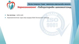 “Өргөө Амаржих Газар” төрөлжсөн мэргэшлийн эмнэлэг
Хориоамнионит -Лабораторийн шинжилгээнд
 Бүх өвчтөнд —ЦЕШ хийх
 Хориоамнионитаас гадна өөр халдвар байж болзошгүйг сэжиглэх
 