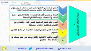 @3bdullahAl3amri
alsahl2002
1
‫الوعي‬
‫باملستقبل‬
:
‫الدقي‬ ‫التكوين‬
‫يف‬ ‫يرغبون‬ ‫التي‬ ‫املستقبلية‬ ‫للرؤية‬
‫التنظيمية‬ ‫مؤسساتهم‬ ‫تطوير‬ ‫يف‬ ‫إليها‬ ‫واالستناد‬ ‫حتقيقها‬
‫املختلفة‬
2
‫وعدم‬ ‫بالنفس‬ ‫والثقة‬ ‫املنشودة‬ ‫األمدا‬ ‫حتقي‬ ‫يف‬ ‫ة‬ ‫اجلر‬
‫احملتملة‬ ‫املخاطر‬ ‫ملواجهة‬ ‫واالستعداد‬ ‫الشك‬
3
‫مع‬ ‫والتعاون‬ ‫اجلاد‬ ‫للعمل‬ ‫الدافعية‬ ‫حتفيه‬ ‫عل‬ ‫القدرة‬
‫املنشودة‬ ‫األمدا‬ ‫حتقي‬ ‫يف‬ ‫اآلخرين‬
8
‫االستشرايف‬
‫القالد‬
‫مسات‬
4
‫عملااي‬ ‫واقااع‬ ‫إع‬ ‫النظريااة‬ ‫الرؤيااة‬ ‫حتوياال‬ ‫علاا‬ ‫القاادرة‬
‫ملموس‬
5
‫يف‬ ‫يساهم‬ ‫حناو‬ ‫عل‬ ‫بها‬ ‫وااللتهام‬ ‫األخالقية‬ ‫بالقيم‬ ‫اإلميان‬
‫خالقي‬ ‫قادة‬ ‫جعلهم‬
.
 