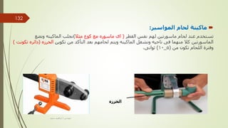 
‫المواسير‬ ‫لحام‬ ‫ماكينة‬
:
‫القطر‬ ‫نفس‬ ‫لهم‬ ‫ماسورتين‬ ‫لحام‬ ‫عند‬ ‫تستخدم‬
(
‫مثال‬ ‫كوع‬ ‫مع‬ ‫ماسوره‬ ‫اى‬
)
‫ونضع‬ ‫الماكينه‬ ‫نجلب‬
‫تكوين‬ ‫من‬ ‫التأكد‬ ‫بعد‬ ‫لحامهم‬ ‫ويتم‬ ‫الماكينه‬ ‫ونشغل‬ ‫ناحيه‬ ‫فى‬ ‫منهما‬ ‫كال‬ ‫الماسورتين‬
‫الخرزه‬
(
‫دائر‬
‫تكونت‬ ‫ه‬
)
‫من‬ ‫تكون‬ ‫اللحام‬ ‫وفترة‬
(
5
_
10
)
‫ثوانى‬
.
‫الخرزه‬
‫مهندس‬
/
‫سعيد‬ ‫ابراهيم‬
132
 