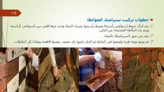 
‫الحوائط‬ ‫سيراميك‬ ‫تركيب‬ ‫خطوات‬
:
(
‫خيوط‬ ‫انزال‬ ‫يتم‬ 1
(
‫رأسيه‬ ‫سواعى‬
)
‫ا‬ ‫السواعى‬ ‫بين‬ ‫افقى‬ ‫خيط‬ ‫وشد‬ ‫المياه‬ ‫بميزان‬ ‫رأسيتها‬ ‫وضبط‬
‫لرأسيه‬
‫اعلى‬ ‫من‬ ‫الصحيحه‬ ‫البالطه‬ ‫بدء‬ ‫ويتم‬
.
(
‫بالمياه‬ ‫السيراميكه‬ ‫ضهر‬ ‫رش‬ ‫يتم‬ 2
.
(
‫البال‬ ‫كل‬ ‫وهكذا‬ ‫االفقيه‬ ‫وضبط‬ ‫خفيف‬ ‫دق‬ ‫عليها‬ ‫الدق‬ ‫ثم‬ ‫الحائط‬ ‫فى‬ ‫ولصقها‬ ‫طريه‬ ‫مونه‬ ‫وضع‬ ‫ثم‬ 3
‫طات‬
.
1
2
3
‫مهندس‬
/
‫سعيد‬ ‫ابراهيم‬
178
 