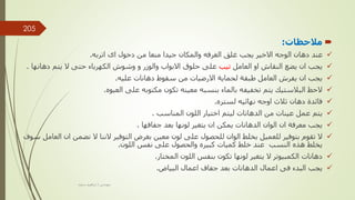 
‫مالحظات‬
:

‫اتربه‬ ‫اى‬ ‫دخول‬ ‫من‬ ‫منعا‬ ‫جيدا‬ ‫والمكان‬ ‫الغرفه‬ ‫غلق‬ ‫يجب‬ ‫االخير‬ ‫الوجه‬ ‫دهان‬ ‫عند‬
.

‫العامل‬ ‫او‬ ‫النقاش‬ ‫يضع‬ ‫ان‬ ‫يجب‬
‫تيب‬
‫دهان‬ ‫يتم‬ ‫ال‬ ‫حتى‬ ‫الكهرباء‬ ‫وشوش‬ ‫و‬ ‫والوزر‬ ‫االبواب‬ ‫حلوق‬ ‫على‬
‫ها‬
.

‫عليه‬ ‫دهانات‬ ‫سقوط‬ ‫من‬ ‫االرضيات‬ ‫لحماية‬ ‫طبقة‬ ‫العامل‬ ‫يفرش‬ ‫ان‬ ‫يجب‬
.

‫العبوه‬ ‫على‬ ‫مكتوبه‬ ‫تكون‬ ‫معينه‬ ‫بنسبه‬ ‫بالماء‬ ‫تخفيفه‬ ‫يتم‬ ‫البالستيك‬ ‫الحظ‬
.

‫لستره‬ ‫نهائيه‬ ‫اوجه‬ ‫ثالث‬ ‫دهان‬ ‫فائدة‬
.

‫يتم‬
‫الدهانات‬ ‫من‬ ‫عينات‬ ‫عمل‬
‫اختيار‬ ‫ليتم‬
‫المناسب‬ ‫اللون‬
.

‫يجب‬
‫معرفة‬
‫الوان‬ ‫ان‬
‫يمكن‬ ‫الدهانات‬
‫لونها‬ ‫يتغير‬ ‫ان‬
‫جفافها‬ ‫بعد‬
.

‫ان‬ ‫نضمن‬ ‫ال‬ ‫الننا‬ ‫التوفير‬ ‫بغرض‬ ‫معين‬ ‫لون‬ ‫على‬ ‫للحصول‬ ‫الوان‬ ‫بخلط‬ ‫للعميل‬ ‫بتوفير‬ ‫تقوم‬ ‫ال‬
‫سوف‬ ‫العامل‬
‫اللون‬ ‫نفس‬ ‫على‬ ‫والحصول‬ ‫كبيره‬ ‫كميات‬ ‫خلط‬ ‫عند‬ ‫النسب‬ ‫هذه‬ ‫يخلط‬
.

‫المختار‬ ‫اللون‬ ‫بنفس‬ ‫تكون‬ ‫لونها‬ ‫يتغير‬ ‫ال‬ ‫الكمبيوتر‬ ‫دهانات‬
.

‫البياض‬ ‫اعمال‬ ‫جفاف‬ ‫بعد‬ ‫الدهانات‬ ‫اعمال‬ ‫فى‬ ‫البدء‬ ‫يجب‬
.
‫مهندس‬
/
‫سعيد‬ ‫ابراهيم‬
205
 