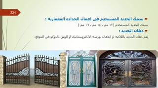 
‫المعماريه‬ ‫الحداده‬ ‫اعمال‬ ‫فى‬ ‫المستخدم‬ ‫الحديد‬ ‫سمك‬
:
‫المستخدم‬ ‫الحديد‬ ‫سمك‬
(
12
‫مم‬
,
14
‫مم‬
,
16
‫مم‬
)

‫الحديد‬ ‫دهان‬
:
‫الموقع‬ ‫فى‬ ‫بالدوكو‬ ‫الرش‬ ‫او‬ ‫االلكتروستاتيك‬ ‫بورشه‬ ‫الدهان‬ ‫او‬ ‫بالالكيه‬ ‫الحديد‬ ‫دهان‬ ‫يتم‬
.
‫مهندس‬
/
‫سعيد‬ ‫ابراهيم‬
234
 