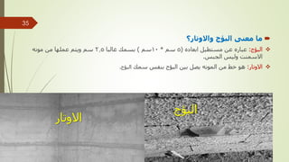 
‫واالوتار؟‬ ‫البؤج‬ ‫معنى‬ ‫ما‬

‫البؤج‬
:
‫ابعاده‬ ‫مستطيل‬ ‫عن‬ ‫عباره‬
(
5
‫سم‬
*
10
‫سم‬
)
‫غالبا‬ ‫بسمك‬
2.5
‫مونه‬ ‫من‬ ‫عملها‬ ‫ويتم‬ ‫سم‬
‫الجبس‬ ‫وليس‬ ‫االسمنت‬
.

‫االوتار‬
:
‫سمك‬ ‫بنفس‬ ‫البؤج‬ ‫بين‬ ‫يصل‬ ‫المونه‬ ‫من‬ ‫خط‬ ‫هو‬
‫البؤج‬
.
‫البؤج‬
‫االوتار‬
‫مهندس‬
/
‫سعيد‬ ‫ابراهيم‬
35
 