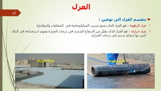 ‫العزل‬

‫نوعين‬ ‫الى‬ ‫العزل‬ ‫ينقسم‬
:
.
‫الرطوبه‬ ‫عزل‬ 1
:
‫المياه‬ ‫تسرب‬ ‫يمنع‬ ‫الذى‬ ‫العزل‬ ‫هو‬
(
‫والمطابخ‬ ‫الحمامات‬ ‫فى‬ ‫وخاصة‬
.)
.
‫حرارى‬ ‫عزل‬ 2
:
‫البالد‬ ‫فى‬ ‫استخدامه‬ ‫ومهم‬ ‫الحراره‬ ‫درجات‬ ‫فى‬ ‫الشديد‬ ‫االرتفاع‬ ‫من‬ ‫يقلل‬ ‫الذى‬ ‫العزل‬ ‫هو‬
‫الحراره‬ ‫درجات‬ ‫فى‬ ‫شديد‬ ‫ارتفاع‬ ‫بها‬ ‫التى‬
.
‫حرارى‬ ‫عزل‬ ‫رطوبه‬ ‫عزل‬
‫مهندس‬
/
‫سعيد‬ ‫ابراهيم‬
62
 