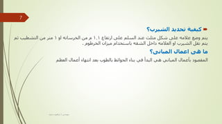 
‫الشيرب؟‬ ‫تحديد‬ ‫كيفية‬
‫ارتفاع‬ ‫على‬ ‫السلم‬ ‫عند‬ ‫مثلث‬ ‫شكل‬ ‫على‬ ‫عالمه‬ ‫وضع‬ ‫يتم‬
1.1
‫او‬ ‫الخرسانه‬ ‫من‬ ‫م‬
1
‫ثم‬ ‫التشطيب‬ ‫من‬ ‫متر‬
‫الخرطوم‬ ‫ميزان‬ ‫باستخدام‬ ‫الشقه‬ ‫داخل‬ ‫العالمه‬ ‫او‬ ‫الشيرب‬ ‫نقل‬ ‫يتم‬
.
‫المبانى؟‬ ‫اعمال‬ ‫هى‬ ‫ما‬
‫المقصود‬
‫العظم‬ ‫أعمال‬ ‫انتهاء‬ ‫بعد‬ ‫بالطوب‬ ‫الحوائط‬ ‫بناء‬ ‫في‬ ‫البدأ‬ ‫هي‬ ‫المباني‬ ‫بأعمال‬
‫مهندس‬
/
‫سعيد‬ ‫ابراهيم‬
7
 