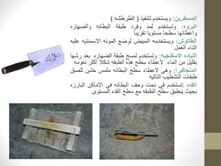 ‫المسطرين‬
:
‫ويستخدم‬
‫لتنفيذ‬
(
‫الطرطشه‬
)
‫البروه‬
:
‫وتستخدم‬
‫لمد‬
‫وفرد‬
‫طبقة‬
‫البطانه‬
‫والضهاره‬
‫واعطائها‬
‫سطحا‬
‫مستويا‬
‫تقريبا‬
‫الطالوش‬
:
‫ويستخدمه‬
‫المبيض‬
‫لوضع‬
‫المونه‬
‫االسمنتيه‬
‫عليه‬
‫اثناء‬
‫العمل‬
‫اللباده‬
‫االسفنجيه‬
:
‫وتستخدم‬
‫لمسح‬
‫طبقة‬
‫الضهاره‬
‫بعد‬
‫رشها‬
‫بقليل‬
‫من‬
‫الماء‬
‫العطاء‬
‫سطح‬
‫هذه‬
‫الطبقه‬
‫شكال‬
‫اكثر‬
‫نعومه‬
‫المنجافيرا‬
:
‫وهى‬
‫العطاء‬
‫سطح‬
‫البطانه‬
‫ملمس‬
‫خشن‬
‫للصق‬
‫طبقات‬
‫التشطيب‬
‫التاليه‬
‫القده‬
:
‫تستخدم‬
‫ف‬
‫ى‬
‫نحت‬
‫وحف‬
‫البطانه‬
‫فى‬
‫االماكن‬
‫البارزه‬
‫بحيث‬
‫ينطبق‬
‫سطح‬
‫الطبقه‬
‫مع‬
‫سطح‬
‫القده‬
‫المستوى‬
 