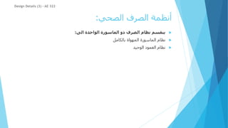 ‫الصحي‬ ‫الصرف‬ ‫أنظمة‬
:

‫نظام‬ ‫ينقسم‬
‫الماسورة‬ ‫ذو‬ ‫الصرف‬
‫الى‬ ‫الواحدة‬
:

‫بالكامل‬ ‫المهواة‬ ‫الماسورة‬ ‫نظام‬

‫الوحيد‬ ‫العمود‬ ‫نظام‬
Design Details (3) - AE 322
 