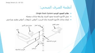 ‫الصحي‬ ‫الصرف‬ ‫أنظمة‬
:
Design Details (3) - AE 322

‫الوحيد‬ ‫العمود‬ ‫نظام‬
Single Stack System
:

‫منفصلة‬ ‫مدادات‬ ‫بواسطة‬ ‫الصرف‬ ‫بعمود‬ ‫الصحية‬ ‫األجهزة‬ ‫تتصل‬

‫الترتيب‬ ‫بذلك‬ ‫الصحية‬ ‫األجهزة‬ ‫مدادات‬ ‫إتصال‬
:
‫ومراحي‬ ،‫مطبخ‬ ‫أحواض‬ ،‫بانيوهات‬ ،‫أحواض‬
‫ض‬
 