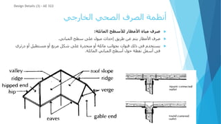 ‫الخارجي‬ ‫الصحي‬ ‫الصرف‬ ‫أنظمة‬

‫مياة‬ ‫صرف‬
‫المائلة‬ ‫لألسطح‬ ‫األمطار‬
:

‫المباني‬ ‫سطح‬ ‫على‬ ‫ميول‬ ‫إحداث‬ ‫طريق‬ ‫عن‬ ‫يتم‬ ‫األمطار‬ ‫صرف‬
.

‫درئ‬ ‫أو‬ ‫مستطيل‬ ‫أو‬ ‫مربع‬ ‫شكل‬ ‫على‬ ‫منحدرة‬ ‫أو‬ ‫مائلة‬ ‫بجوانب‬ ‫قنوات‬ ‫ذلك‬ ‫فى‬ ‫يستخدم‬
‫ري‬
‫المائلة‬ ‫المباني‬ ‫أسطح‬ ‫حول‬ ‫نقطة‬ ‫أسفل‬ ‫فى‬
.
Design Details (3) - AE 322
 