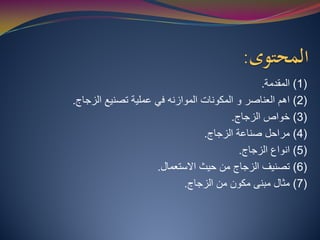 )
1
(
‫ﺍﻟﻣﻘﺩﻣﺔ‬
.
)
2
(
‫ﺍﻟﺯﺟﺎﺝ‬ ‫ﺗﺻﻧﻳﻊ‬ ‫ﻋﻣﻠﻳﺔ‬ ‫ﻓﻲ‬ ‫ﺍﻟﻣﻭﺍﺯﻧﻪ‬ ‫ﺍﻟﻣﻛﻭﻧﺎﺕ‬ ‫ﻭ‬ ‫ﺍﻟﻌﻧﺎﺻﺭ‬ ‫ﺍﻫﻡ‬
.
)
3
(
‫ﺍﻟﺯﺟﺎﺝ‬ ‫ﺧﻭﺍﺹ‬
.
)
4
(
‫ﺍﻟﺯﺟﺎﺝ‬ ‫ﺻﻧﺎﻋﺔ‬ ‫ﻣﺭﺍﺣﻝ‬
.
)
5
(
‫ﺍﻟﺯﺟﺎﺝ‬ ‫ﺍﻧﻭﺍﻉ‬
.
)
6
(
‫ﺍﻻﺳﺗﻌﻣﺎﻝ‬ ‫ﺣﻳﺙ‬ ‫ﻣﻥ‬ ‫ﺍﻟﺯﺟﺎﺝ‬ ‫ﺗﺻﻧﻳﻑ‬
.
)
7
(
‫ﺍﻟﺯﺟﺎﺝ‬ ‫ﻣﻥ‬ ‫ﻣﻛﻭﻥ‬ ‫ﻣﺑﻧﻰ‬ ‫ﻣﺛﺎﻝ‬
.
 