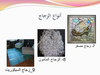 ‫اﻟﺰﺟﺎج‬ ‫أﻧﻮاع‬
7
-
‫ﻣﺻﻧﻔﺭ‬ ‫ﺯﺟﺎﺝ‬
9
_
‫ﺍﻟﺳﻳﻛﻭﺭﻳﺕ‬ ‫ﺯﺟﺎﺝ‬
8
-
‫ﺍﻟﻣﺄﻣﻭﻥ‬ ‫ﺍﻟﺯﺟﺎﺝ‬
 