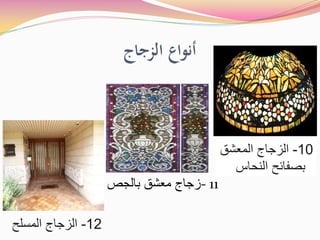 ‫اﻟﺰﺟﺎج‬ ‫أﻧﻮاع‬
10
-
‫ﺍﻟﻣﻌﺷﻕ‬ ‫ﺍﻟﺯﺟﺎﺝ‬
‫ﺍﻟﻧﺣﺎﺱ‬ ‫ﺑﺻﻔﺎﺋﺢ‬
‫ﺑﺎﻟﺟﺹ‬ ‫ﻣﻌﺷﻕ‬ ‫ﺯﺟﺎﺝ‬- 11
12
-
‫ﺍﻟﻣﺳﻠﺢ‬ ‫ﺍﻟﺯﺟﺎﺝ‬
 