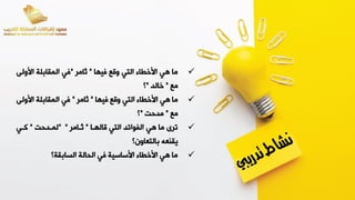 ✓
‫فيها‬ ‫يقء‬ ‫التي‬ ‫ابخطا‬ ‫هي‬ ‫ما‬
"
‫ثامر‬
"
‫ابيل‬ ‫لة‬ ‫الميا‬ ‫في‬
‫ض‬
‫مء‬
"
‫خالد‬
"
‫؟‬
✓
‫فيها‬ ‫يقء‬ ‫التي‬ ‫ابخطا‬ ‫هي‬ ‫ما‬
"
‫ثامر‬
"
‫ابيل‬ ‫لة‬ ‫الميا‬ ‫في‬
‫ض‬
‫مء‬
"
‫مدحت‬
"
‫؟‬
✓
‫قالهدا‬ ‫التي‬ ‫الفوائد‬ ‫هي‬ ‫ما‬ ‫ترى‬
"
‫ثدامر‬
" "
‫لمددحت‬
"
‫كدي‬
‫التعاين؟‬ ‫يينعه‬
✓
‫ية؟‬ ‫السا‬ ‫القالة‬ ‫في‬ ‫ابساسية‬ ‫ابخطا‬ ‫هي‬ ‫ما‬
 