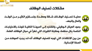 ‫الوظائف‬ ‫تصنيف‬ ‫مشكالت‬
‫الوقددت‬ ‫مددن‬ ‫الكثيددر‬ ‫يتسددتلزم‬ ‫يمعيدددقو‬ ‫شدداقة‬ ‫الوظددائف‬ ‫تصددنيف‬ ‫بمليددة‬
‫يالجهد‬ ‫يالما‬
.
‫دا‬ ‫االحتيا‬ ‫للوفدا‬ ‫الكافيدة‬ ‫المريندة‬ ‫إلدض‬ ‫يافتيدارق‬ ‫الدوظيفيو‬ ‫الهيكم‬ ‫مود‬
‫ت‬
‫الع‬ ‫الوظائف‬ ‫مجا‬ ‫في‬ ‫تطرأ‬ ‫التي‬ ‫يرات‬ ‫الت‬ ‫لة‬ ‫يميا‬ ‫منظمةو‬ ‫كم‬ ‫الخاصة‬
‫امة‬
.
‫الموظدف‬ ‫يجدرد‬ ‫قدد‬ ‫أنه‬ ‫الوظائف‬ ‫لتصنيف‬ ‫ه‬ ‫تو‬ ‫التي‬ ‫االنتيادات‬ ‫ين‬ ‫من‬
‫مدن‬
‫اإلنسانية‬ ‫الصفة‬
.
 