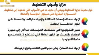‫التخطيط‬ ‫وأسباب‬ ‫مزايا‬
‫ت‬ ‫إلض‬ ‫تدبونا‬ ‫التي‬ ‫ابسبار‬ ‫هي‬ ‫ما‬ ‫نعرف‬ ‫أن‬ ‫ي‬ ‫ينب‬ ‫التخطيط‬ ‫مزايا‬ ‫معرفة‬ ‫قبم‬
‫خطيط‬
‫يأهمها‬ ‫المؤسسة‬ ‫مستوى‬ ‫بلض‬ ‫البشرية‬ ‫المدددددددوارد‬
:
‫بلدض‬ ‫يتنافسدها‬ ‫اتهدا‬ ‫حا‬ ‫يازديداد‬ ‫المختلفدة‬ ‫المؤسسات‬ ‫بدد‬ ‫ازدياد‬
‫المتاحة‬ ‫العاملددددددددة‬ ‫اليوى‬
.
‫ؤ‬ ‫إلض‬ ‫أدي‬ ‫مما‬ ‫المؤسساتو‬ ‫تستخدمها‬ ‫التي‬ ‫يا‬ ‫التكنولو‬ ‫تطور‬
‫ريرق‬
‫تتعامدم‬ ‫أن‬ ‫تسدتطيء‬ ‫التي‬ ‫العاملة‬ ‫اليوى‬ ‫بن‬ ‫البقددد‬ ‫االهتمام‬
‫مدء‬
‫يا‬ ‫التكنولو‬ ‫هفق‬
.
‫تركيبتها‬ ‫يتنول‬ ‫العاملة‬ ‫اليوى‬ ‫حجم‬ ‫يكبر‬ ‫السكانو‬ ‫بدد‬ ‫ازدياد‬
.
 
