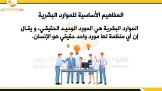 ‫البش‬ ‫للموارد‬ ‫األساسية‬ ‫المفاهيم‬
‫رية‬
‫ييدا‬ ‫ي‬ ‫القيييديو‬ ‫الوحيدد‬ ‫المورد‬ ‫هي‬ ‫البشرية‬ ‫الموارد‬
‫اإلنسان‬ ‫هو‬ ‫حيييي‬ ‫ياحد‬ ‫مورد‬ ‫لها‬ ‫منظمة‬ ‫أي‬ ‫إن‬
.
 