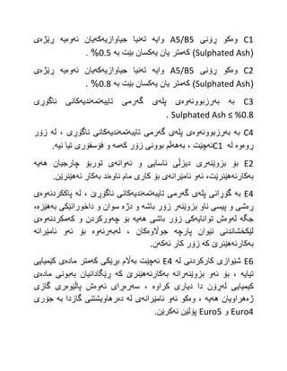 C1
‫وه‬
‫ڕۆنی‬ ‫كو‬
A5/B5
‫وایه‬
‫ته‬
‫جیاوازیه‬ ‫نیا‬
‫كه‬
‫ئه‬ ‫یان‬
‫وه‬
‫یه‬
‫ڕێژه‬
‫ی‬
(
Sulphated Ash
‫كه‬ )
‫متر‬
‫یه‬ ‫یان‬
‫به‬ ‫بێت‬ ‫كسان‬
2.5
. %
C2
‫وه‬
‫ڕۆنی‬ ‫كو‬
A5/B5
‫وایه‬
‫ته‬
‫جیاوازیه‬ ‫نیا‬
‫كه‬
‫ئه‬ ‫یان‬
‫وه‬
‫یه‬
‫ڕێژه‬
‫ی‬
(
Sulphated Ash
‫كه‬ )
‫یه‬ ‫یان‬ ‫متر‬
‫به‬ ‫بێت‬ ‫كسان‬
2.8
. %
C3
‫به‬
‫به‬
‫رزبوونه‬
‫وه‬
‫پله‬ ‫ی‬
‫گه‬ ‫ی‬
‫تایبه‬ ‫رمی‬
‫تمه‬
‫ندیه‬
‫ناگۆڕی‬ ‫كانی‬
Sulphated Ash ≤ %0.8
.
C4
‫به‬
‫به‬
‫رزبوونه‬
‫وه‬
‫پله‬ ‫ی‬
‫گه‬ ‫ی‬
‫تایبه‬ ‫رمی‬
‫تمه‬
‫ندیه‬
‫له‬ ، ‫ناگۆڕی‬ ‫كانی‬
‫زۆر‬
‫ڕوه‬
‫وه‬
‫له‬
C1
‫ئه‬
‫به‬ ، ‫چێت‬
‫هه‬
‫كه‬ ‫زۆر‬ ‫بوونی‬ ‫ڵم‬
‫مه‬
‫نیه‬ ‫تیا‬ ‫فۆسفۆری‬ ‫و‬
.
E2
‫بزوێنه‬ ‫بۆ‬
‫ئه‬ ‫و‬ ‫ئاسایی‬ ‫دیزڵی‬ ‫ری‬
‫وانه‬
‫هه‬ ‫چارجیان‬ ‫توربۆ‬ ‫ی‬
‫یه‬
‫به‬
‫كارئه‬
‫ئه‬ ،‫هێنرێت‬
‫ئامێرانه‬ ‫و‬
‫ناوه‬ ‫مام‬ ‫كاری‬ ‫بۆ‬ ‫ی‬
‫به‬ ‫ند‬
‫ئه‬ ‫كار‬
.‫هێنرێن‬
E4
‫به‬
‫پله‬ ‫گۆڕانی‬
‫گه‬ ‫ی‬
‫تایبه‬ ‫رمی‬
‫تمه‬
‫ندیه‬
‫له‬ ، ‫ناگۆڕێ‬ ‫كانی‬
‫پاككردنه‬
‫وه‬
‫ی‬
‫ڕه‬
‫بزوێنه‬ ‫ناو‬ ‫پیسی‬ ‫و‬ ‫شی‬
‫باشه‬ ‫زۆر‬ ‫ر‬
‫دژه‬ ‫و‬
‫به‬ ‫داخورانێكی‬ ‫و‬ ‫سوان‬
‫هێزه‬
،
‫جگه‬
‫له‬
‫وه‬
‫توانایه‬ ‫ش‬
‫هه‬ ‫باشی‬ ‫زۆر‬ ‫كی‬
‫یه‬
‫چه‬ ‫بۆ‬
‫كه‬ ‫و‬ ‫وركردن‬
‫مكردنه‬
‫وه‬
‫ی‬
‫پارچه‬ ‫نێوان‬ ‫لێكخشاندنی‬
‫جواڵوه‬
‫له‬ ، ‫كان‬
‫به‬
‫رئه‬
‫و‬
‫ه‬
‫ئه‬ ‫بۆ‬
‫ئامێرانه‬ ‫و‬
‫به‬
‫كارئه‬
‫كه‬ ‫هێنرێ‬
‫ئه‬ ‫كار‬ ‫زۆر‬
‫كه‬
.‫ن‬
E6
‫له‬ ‫كاركردنی‬ ‫شێوازی‬
E4
‫ئه‬
‫به‬ ‫چێت‬
‫كه‬ ‫بڕێكی‬ ‫اڵم‬
‫ماده‬ ‫متر‬
‫كێمیایی‬ ‫ی‬
‫تیایه‬
‫ئه‬ ‫بۆ‬ ،
‫بزوێنه‬ ‫و‬
‫رانه‬
‫به‬
‫كارئه‬
‫كه‬ ‫هێنرێ‬
‫به‬ ‫ڕێگادانیان‬
‫ماده‬ ‫بونی‬
‫ی‬
‫له‬ ‫كیمیایی‬
‫كراوه‬ ‫دیاری‬ ‫دا‬ ‫ڕۆن‬
‫سه‬ ،
‫ره‬
‫ئه‬ ‫ڕای‬
‫وه‬
‫پاڵێو‬ ‫ش‬
‫ه‬
‫گازی‬ ‫ری‬
‫ژه‬
‫هه‬ ‫هراویان‬
‫یه‬
‫وه‬ ،
‫ئه‬ ‫كو‬
‫ئامێرانه‬ ‫و‬
‫له‬ ‫ی‬
‫ده‬
‫به‬ ‫گازدا‬ ‫رهاویشتنی‬
‫جۆری‬
Euro4
‫و‬
Euro5
‫ئه‬ ‫پۆلێن‬
.‫كرێن‬
 