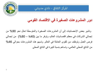 ‫القومي‬ ‫االقتصاد‬ ‫في‬ ‫الصغيرة‬ ‫المشروعات‬ ‫دور‬
‫وتشير‬
‫بعض‬
‫اإلحصائيات‬
‫إلى‬
‫أن‬
‫المشروعات‬
‫الصغيرة‬
‫والمتوسطة‬
‫تمثل‬
‫نحو‬
90
%
‫من‬
‫إجمالي‬
‫الشركات‬
‫في‬
‫معظم‬
‫اقتصاديات‬
،‫العالم‬
‫وتوفر‬
‫ما‬
‫بين‬
(
40
%
–
80
%
)
‫من‬
‫إجمالي‬
‫فرص‬
‫العمل‬
‫وتوظف‬
‫من‬
‫للقوى‬
‫العاملة‬
‫في‬
‫العالم‬
.
‫وتسهم‬
‫هذه‬
‫المشروعات‬
‫بحوالي‬
46
%
‫من‬
‫الناتج‬
‫المحلى‬
،‫العالمي‬
‫وتساهم‬
‫بنسبة‬
‫كبيرة‬
‫في‬
‫الناتج‬
‫المحلى‬
9
 