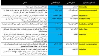 ‫المعنى‬ ‫العربي‬ ‫الترجمة‬ ‫العربى‬ ‫النطق‬ ‫باالنجليزى‬ ‫المصطلح‬
‫معينة‬ ‫عدوى‬ ‫لمسببات‬ ‫الجسم‬ ‫مقاومة‬
. ‫المناعة‬ ‫اميونتى‬ Immunity
‫أورام‬ ‫وجود‬ ‫عن‬ ‫تنتج‬ ‫قد‬ ‫والتي‬ ‫للعدوى‬ ‫المقاومة‬ ‫ضعف‬ ‫حالة‬ ‫هي‬
.
‫خبيثة‬
‫او‬
‫الوراثية‬ ‫األمراض‬ ‫بعض‬ ‫أو‬ ‫اإلشعاعات‬ ‫أو‬ ‫األدوية‬ ‫بعض‬
....
‫المناعة‬ ‫ضعف‬ ‫كوبرمايزد‬ ‫اميون‬ Immune compromised
‫محدد‬ ‫زمنية‬ ‫فترة‬ ‫خالل‬ ‫معين‬ ‫لحدث‬ ‫أو‬ ‫لمرض‬ ‫الجديدة‬ ‫الحاالت‬ ‫عدد‬
‫ة‬
. ‫الحدوث‬ ‫معدل‬ ‫انسيدنس‬ Incidence
‫المعرضين‬ ‫األشخاص‬ ‫عدد‬ ‫إلى‬ ،‫محددة‬ ‫زمنية‬ ‫فترة‬ ‫خالل‬ ‫األشخاص‬ ‫هى‬
‫المرض‬ ‫حدوث‬ ‫لخطر‬
In
‫المجموعة‬ ‫نفس‬ ‫في‬
.
‫الحدوث‬ ‫معدل‬ ‫نسبة‬ ‫ريت‬ ‫انسيدنس‬ Incidence rate
‫المر‬ ‫األعراض‬ ‫أول‬ ‫وظهور‬ ‫المعدية‬ ‫الميكروبات‬ ‫مع‬ ‫التماس‬ ‫بين‬ ‫ما‬ ‫الفترة‬
‫ضية‬
‫للمرض‬
‫الحضانة‬ ‫فترة‬ ‫بيريود‬ ‫انكيوبيشن‬ Incubation period
‫ال‬ ‫الميكروبات‬ ‫انتقال‬ ‫من‬ ‫سلسلة‬ ‫في‬ ‫عليها‬ ‫التعرف‬ ‫يتم‬ ‫حالة‬ ‫أول‬ ‫هي‬
‫في‬ ‫معدية‬
‫ناشئة‬ ‫مجموعة‬
‫الدالة‬ ‫الحالة‬ ‫كس‬ ‫انديكس‬ Index Case
‫والت‬ ‫العدوى‬ ‫ومستقبل‬ ‫الميكروبات‬ ‫أحد‬ ‫بين‬ ‫تحدث‬ ‫التي‬ ‫العملية‬ ‫هي‬
‫يخترق‬ ‫ي‬
‫األن‬ ‫على‬ ‫يؤثر‬ ‫وقد‬ ‫التكاثر‬ ‫في‬ ‫ويبدأ‬ ‫الحاضن‬ ‫جسم‬ ‫الميكروب‬ ‫فيها‬
‫مباشرة‬ ‫سجة‬
(
‫األنسجة‬ ‫غزو‬
)
‫مب‬ ‫غير‬ ‫بشكل‬ ‫أو‬ ‫السموم‬ ‫إفراز‬ ‫تشمل‬ ‫عمليات‬ ‫طريق‬ ‫عن‬
‫اشر‬
‫مناعي‬ ‫فعل‬ ‫لرد‬ ‫كنتيجة‬
.
‫العدوى‬ ‫انفكشن‬ Infection
‫وال‬ ‫المحاليل‬ ‫تلوث‬ ‫نتيجة‬ ‫يحدث‬ ‫ما‬ ‫وعادة‬ ،‫االستعمال‬ ‫قبل‬ ‫التلوث‬ ‫هو‬
‫سوائل‬
‫التصنيع‬ ‫أثناء‬ ‫تعقيمها‬ ‫عملية‬ ‫سوء‬ ‫أو‬ ‫الوريدية‬
.
‫الداخلي‬ ‫التلوث‬ ‫كونتمينيش‬ ‫انترنسيك‬
‫ن‬ Intrinsic contamination
‫باقي‬ ‫عن‬ ‫بكتيرية‬ ‫لمستعمرات‬ ‫أو‬ ‫العدوى‬ ‫لحاضن‬ ‫المادي‬ ‫الفصل‬ ‫هو‬
‫ع‬ ‫مسبب‬ ‫انتقال‬ ‫منع‬ ‫لمحاولة‬ ‫وذلك‬ ‫العدوى‬ ‫لحدوث‬ ‫األشخاصالمعرضين‬
‫دوى‬
‫اآلخرين‬ ‫للمرضى‬ ‫أو‬ ‫األخرى‬ ‫األشياء‬ ‫إلى‬ ‫معين‬
‫العزل‬ ‫ايزوليشن‬ Isolation
 