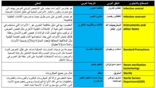 ‫المعنى‬ ‫العربي‬ ‫الترجمة‬ ‫العربى‬ ‫النطق‬ ‫باالنجليزى‬ ‫المصطلح‬
‫إ‬ ‫يهدف‬ ‫للمرض‬ ‫الوبائي‬ ‫التشخيص‬ ‫على‬ ‫يعتمد‬ ‫اإلجراءات‬ ‫من‬ ‫نظام‬ ‫هو‬
‫لى‬
‫الصح‬ ‫المنشآت‬ ‫نطاق‬ ‫في‬ ‫المعدية‬ ‫األمراض‬ ‫وانتشار‬ ‫وتطور‬ ‫حدوث‬ ‫منح‬
‫ية‬
.
‫العدوى‬ ‫مكافحة‬ ‫كنترول‬ ‫انفكشن‬ Infection control
‫الطفيل‬ ‫الكائنات‬ ‫وجود‬ ‫يدعم‬ ‫بحيث‬ ‫طويل‬ ‫مدى‬ ‫على‬ ‫للعدوي‬ ‫مصدر‬ ‫هو‬
‫ية‬
‫فيالطبيعة‬
.
‫العدوى‬ ‫مخزون‬ ‫ريفسو‬ ‫انكفكشن‬
‫ار‬ Infection reservoir
‫هو‬ ‫العدوى‬ ‫مكافحة‬ ‫دليل‬ ‫في‬ ‫بها‬ ‫المقصود‬
:
‫تست‬ ‫التي‬ ‫األدوات‬
‫في‬ ‫خدم‬
‫الح‬ ‫فحص‬ ‫مثل‬ ‫األخرى‬ ‫الطبية‬ ‫التدخالت‬ ‫أو‬ ‫الجراحية‬ ‫العمليات‬
‫وض‬
‫وهك‬ ‫واألسنان‬ ‫الفم‬ ‫فحص‬ ‫أو‬ ‫الوالدة‬ ‫أثناء‬ ‫الحمل‬ ‫مانع‬ ‫تركيب‬ ‫أو‬
‫ذا‬
‫ا‬ ‫الخدمة‬ ‫تقديم‬ ‫أثناء‬ ‫استخدامها‬ ‫يعاد‬ ‫التي‬ ‫األدوات‬ ‫تشمل‬ ‫كذلك‬
‫لطبية‬
‫المختلفة‬ ‫المالقيط‬ ‫مثل‬
(
‫المناولة‬ ‫جفت‬
(
‫مثال‬
)
‫األد‬ ‫وصينية‬
‫وات‬
‫والمالءات‬
(
‫األغطية‬
)
‫األخرى‬ ‫واألشياء‬ ‫اآلالت‬ ‫ا‬ ‫انستريمينت‬
‫ند‬
‫ايتمز‬ ‫اوزر‬
Instruments and
other items
‫ل‬ ‫التعرض‬ ‫تقليل‬ ‫على‬ ‫تساعد‬ ‫العمالية‬ ‫الممارسات‬ ‫توميات‬ ‫من‬ ‫مجموعة‬
‫لمواد‬
‫الص‬ ‫بالرعاية‬ ‫العاملين‬ ‫لحماية‬ ‫وذلك‬ ‫الجسم‬ ‫وسوائل‬ ‫الدم‬ ‫مثل‬ ‫المعدية‬
‫حية‬
‫العدو‬ ‫نقل‬ ‫حلقة‬ ‫كسر‬ ‫على‬ ‫القياسية‬ ‫االحتياطات‬ ‫وتساعد‬ ،‫والمريض‬
‫في‬ ‫ى‬
‫االنتقال‬ ‫مرحلة‬
‫القياسية‬ ‫االحتياطات‬ ‫بريكيوش‬ ‫استندرد‬
‫ن‬ Standard Precautions
‫بالبخار‬ ‫التعقيم‬ ‫استيرليز‬ ‫استيم‬
‫شن‬ Steam sterilization
(autoclaving)
‫الميكروبات‬ ‫جميع‬ ‫من‬ ‫خال‬ ‫معقم‬ ‫استريل‬ Sterile
‫و‬ ‫والفيروسات‬ ‫البكتيريا‬ ‫الميكروبات‬ ‫كل‬ ‫إزالة‬ ‫هي‬ ‫التعقيم‬ ‫عملية‬
‫الفطريات‬
‫جمي‬ ‫بتعقيم‬ ‫ويوصى‬ ‫الجرثومية‬ ‫األبواغ‬ ‫ذلك‬ ‫في‬ ‫بما‬ ‫والطفيليات‬
‫األشياء‬ ‫ع‬
‫التي‬
..
‫الجلد‬ ‫تحت‬ ‫األنسجة‬ ‫أو‬ ‫الدم‬ ‫مجرى‬ ‫مع‬ ‫تتالمس‬
.
‫التعقيم‬ ‫التعقيم‬ ‫خدمات‬ ‫وحدة‬
‫المركزي‬
)
‫سيرفس‬ ‫استريل‬
‫ديبرتمينت‬
Sterile Service
Department(SSD)
 
