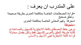 ‫يعرف‬ ‫ان‬ ‫المتدرب‬ ‫على‬
:
•
‫صح‬ ‫بطريقة‬ ‫العدوى‬ ‫بمكافحة‬ ‫الخاصة‬ ‫المصطلحات‬ ‫قراءة‬
‫يحة‬
‫صحيح‬ ‫ونطق‬
•
‫العدوى‬ ‫بمكافحة‬ ‫الخاصة‬ ‫المعانى‬ ‫وفهم‬ ‫معرفة‬
•
‫ملحوظة‬
‫يرجى‬
‫ولل‬ ‫للتسهيل‬ ‫االنجليزية‬ ‫باللغة‬ ‫المصطلح‬ ‫حفظ‬
‫تم‬ ‫مساعدة‬
‫يف‬ ‫ولكن‬ ‫فقط‬ ‫للتسهيل‬ ‫بالعربى‬ ‫النطق‬ ‫طريقة‬ ‫كتابة‬
‫محاولة‬ ‫ضل‬
‫واالساس‬ ‫االسهل‬ ‫فهى‬ ‫االنجلزية‬ ‫اللغة‬ ‫قراءة‬
 