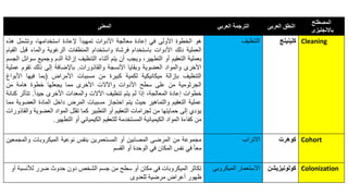 ‫المعنى‬ ‫العربي‬ ‫الترجمة‬ ‫العربى‬ ‫النطق‬
‫المصطلح‬
‫باالنجليزى‬
‫هو‬
‫الخطوة‬
‫األولى‬
‫في‬
‫إعادة‬
‫معالجة‬
‫األدوات‬
‫تمهيدا‬
‫إلعادة‬
،‫استخدامها‬
‫وتشمل‬
‫هذه‬
‫العملية‬
‫دلك‬
‫األدوات‬
‫باستخدام‬
‫فرشاة‬
‫واستخدام‬
‫المنظفات‬
‫الرغوية‬
‫والماء‬
‫قبل‬
‫القيام‬
‫بعملية‬
‫التعقيم‬
‫أو‬
،‫التطهير‬
‫ويجب‬
‫أن‬
‫يتم‬
‫أثناء‬
‫التنظيف‬
‫إزالة‬
‫الدم‬
‫وجميع‬
‫سوائل‬
‫الجسم‬
‫األخرى‬
‫والمواد‬
‫العضوية‬
‫وبقايا‬
‫األنسجة‬
‫والقاذورات‬
.
‫باإلضافة‬
‫إلى‬
‫ذلك‬
‫تقوم‬
‫عملية‬
‫التنظيف‬
‫بإزالة‬
‫ميكانيكية‬
‫لكمية‬
‫كبيرة‬
‫من‬
‫مسببات‬
‫األمراض‬
(
‫بما‬
‫فيها‬
‫األ‬
‫بواغ‬
‫الجرثومية‬
‫من‬
‫على‬
‫سطح‬
‫األدوات‬
‫واآلالت‬
‫األخرى‬
‫مما‬
‫يجعلها‬
‫خطوة‬
‫هامة‬
‫من‬
‫خطوات‬
‫إعادة‬
،‫المعالجة‬
‫إذا‬
‫لم‬
‫يتم‬
‫تنظيف‬
‫اآلالت‬
‫والمعدات‬
‫األخرى‬
‫جيدا‬
.
‫تتأثر‬
‫كنانة‬
‫عملية‬
‫التعقيم‬
‫والتماهير‬
‫حيث‬
‫يتم‬
‫احتجاز‬
‫مسببات‬
‫المرض‬
‫داخل‬
‫المادة‬
‫العض‬
‫وية‬
‫مما‬
‫يؤدي‬
‫إلى‬
‫حمايتها‬
‫من‬
‫لجرامات‬
‫التعقيم‬
‫أو‬
‫التطبير‬
‫كما‬
‫تقلل‬
‫المواد‬
‫العضوية‬
‫والقاذورات‬
‫من‬
‫كفاءة‬
‫المواد‬
‫الكيميائية‬
‫المستخدمة‬
‫للتعقيم‬
‫الكيميائي‬
‫أو‬
‫التطهير‬
.
‫التنظيف‬ ‫كلينينج‬ Cleaning
‫مجموعة‬
‫من‬
‫المرضى‬
‫المصابين‬
‫أو‬
‫المستعمرين‬
‫بنفس‬
‫نوعية‬
‫الميكروبات‬
‫وال‬
‫مجمعين‬
‫معا‬
‫في‬
‫نفس‬
‫المكان‬
‫في‬
‫الوحدة‬
‫أو‬
‫القسم‬
‫االتراب‬ ‫كوهرت‬ Cohort
‫لألنس‬ ‫ضرر‬ ‫حدوث‬ ‫دون‬ ‫الشخص‬ ‫جسم‬ ‫من‬ ‫سطح‬ ‫أو‬ ‫مكان‬ ‫في‬ ‫الميكروبات‬ ‫تكاثر‬
‫أو‬ ‫بة‬
‫للعدوى‬ ‫مرضية‬ ‫أعراض‬ ‫ظهور‬
‫الميكروبى‬ ‫االستعمار‬ ‫كولونيزيشن‬ Colonization
 