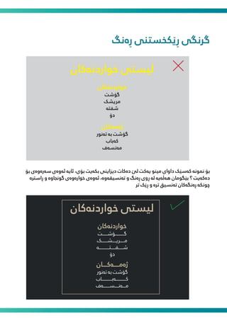 ‫ڕەﻧﮓ‬ ‫ڕێﮑﺨﺴﺘﻨﯽ‬ ‫ﮔﺮﻧﮕﯽ‬
‫ﺑﯚ‬ ‫ﺳەرەوەی‬ ‫ﺋەوەی‬ ‫ﺋﺎﯾە‬ ،‫ﺑﯚی‬ ‫ﺑﮑەﯾﺖ‬ ‫دﯾﺰاﯾﻨﯽ‬ ‫دەﮐﺎت‬ ‫ﻟێ‬ ‫ﯾەﮐﺖ‬ ‫ﻣﯿﻨﻮ‬ ‫داوای‬ ‫ﮐەﺳێﮏ‬ ‫ﻤﻧﻮﻧە‬ ‫ﺑﯚ‬
‫ڕاﺳﱰە‬ ‫و‬ ‫ﮔﻮﻧﺠﺎوە‬ ‫ﺧﻮارەوەی‬ ‫ﺋەوەی‬ ،‫ﺗەﻧﺴﯿﻘەوە‬ ‫و‬ ‫ڕەﻧﮓ‬ ‫ڕوی‬ ‫ﻟە‬ ‫ﻫەڵەﯾە‬ ‫ﺑێﮕﻮﻣﺎن‬ ‫؟‬ ‫دەﮐەﯾﺖ‬
‫ﺗﺮ‬ ‫ڕێﮏ‬ ‫و‬ ‫ﺗﺮە‬ ‫ﺗەﻧﺴﯿﻖ‬ ‫ڕەﻧﮕەﮐﺎن‬ ‫ﭼﻮﻧﮑە‬
‫ﮔﯚﺷﺖ‬
‫ﻣﺮﯾﺸﮏ‬
‫ﺷﻔﺘە‬
‫دۆ‬
‫ﺧﻮاردﻧەﮐﺎن‬ ‫ﻟﯿﺴﺘﯽ‬
‫ﺧﻮاردﻧەﮐﺎن‬
‫ژەﻣەﮐﺎن‬
‫ﺗەﻧﻮر‬ ‫ﺑە‬ ‫ﮔﯚﺷﺖ‬
‫ﮐەﺑﺎب‬
‫ﻣەﻧﺴەف‬
‫ﮔــــــــــــــﯚﺷــــــــﺖ‬
‫ﻣـــــــﺮﯾــــــﺸـــــــــﮏ‬
‫ﺷـــــــﻔـــــــﺘــــــــــــــــە‬
‫دۆ‬
‫ﺧﻮاردﻧەﮐﺎن‬ ‫ﻟﯿﺴﺘﯽ‬
‫ﺧﻮاردﻧەﮐﺎن‬
‫ژەﻣـــــەﮐــــﺎن‬
‫ﺗەﻧﻮر‬ ‫ﺑە‬ ‫ﮔﯚﺷﺖ‬
‫ﮐــــــــــــــــەﺑــــــــــــــــﺎب‬
‫ﻣـــــەﻧــــــﺴــــــــــەف‬
 