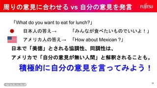 「What do you want to eat for lunch?」
日本人の答え→ 「みんなが食べたいものでいいよ！」
アメリカ人の答え→ 「How about Mexican ?」
日本で「美徳」とされる協調性、同調性は、
アメリカで「...